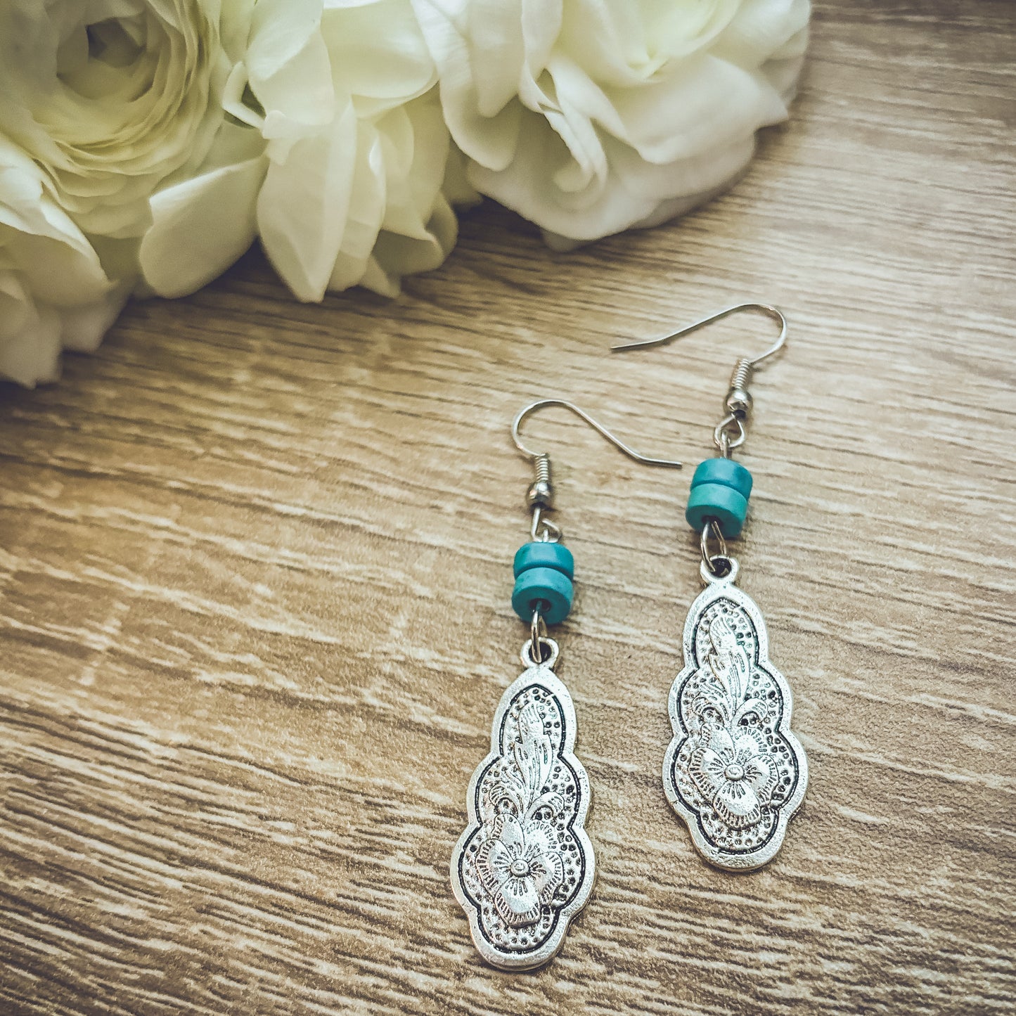 Bohemian Carved Silver and Turquoise Flower Earrings