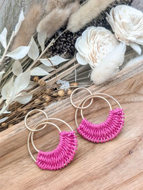 Beautiful Pink Raffia Hoop Earrings