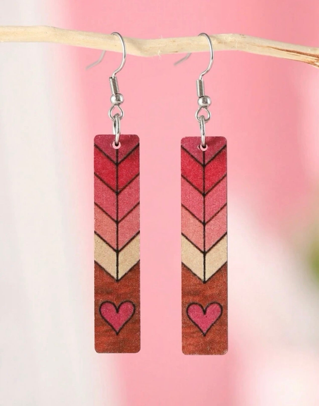 Beautiful Pink Valentine Wood Earrings