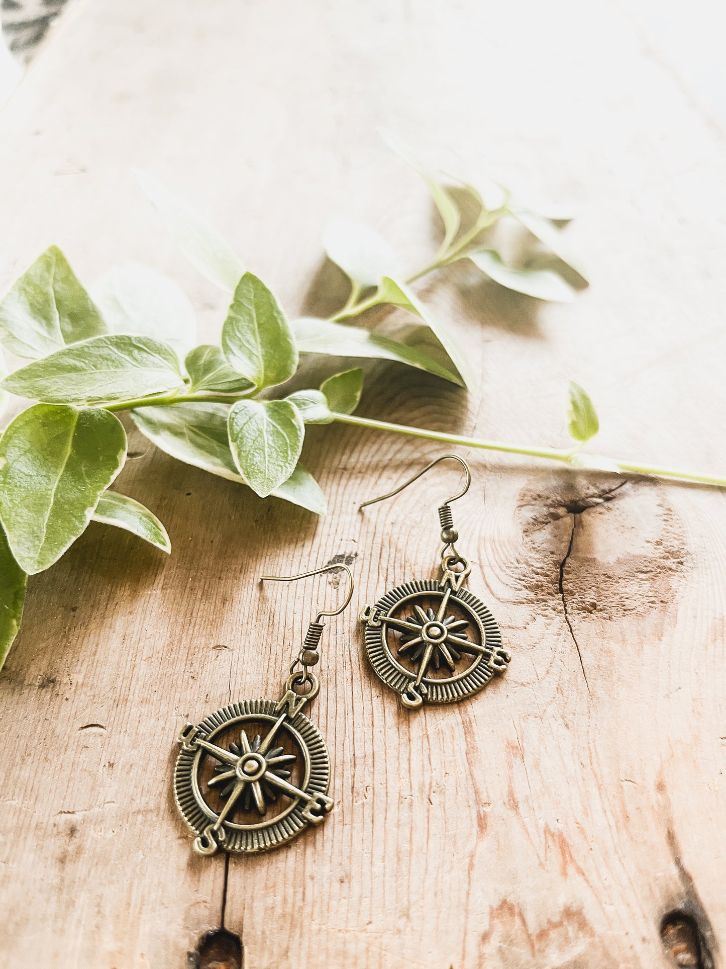 Beautiful Antique Finish Compass Earrings in Gold or Silver