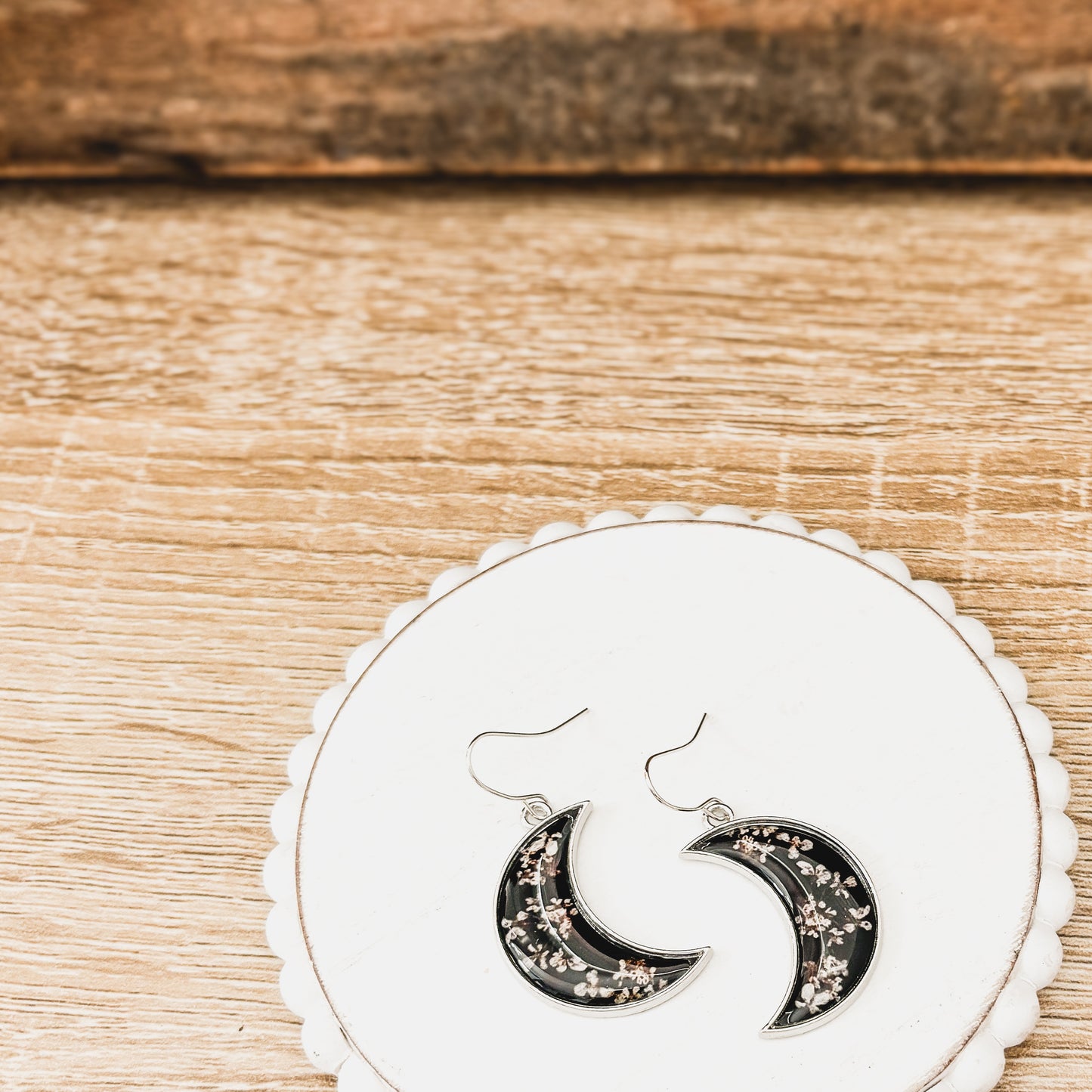 Midnight Moon Crescent Earrings with Pressed Flowers