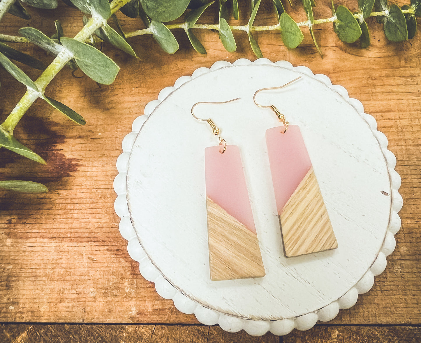 Beautiful Pink Resin and Wood Earrings