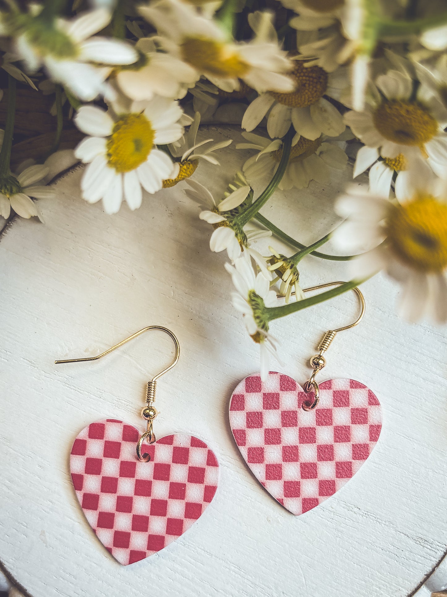 Adorable Red Checkered Heart Earrings