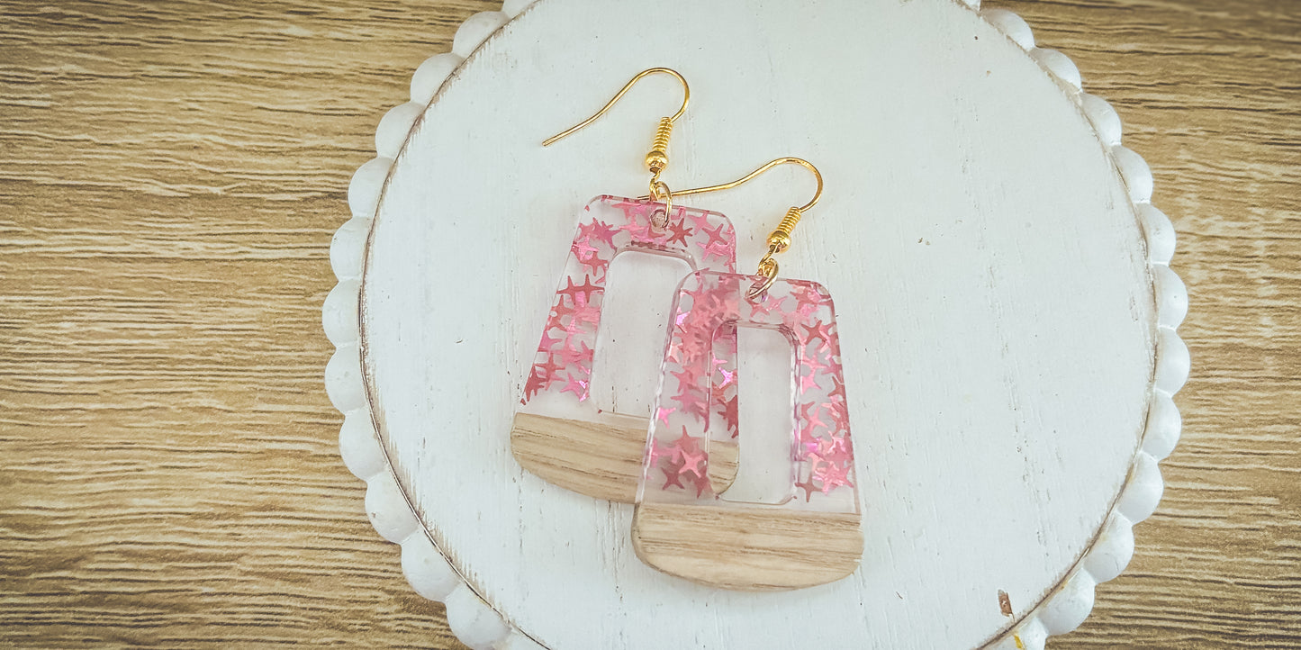 Beautiful Wood and Pink Fleck Resin Earrings