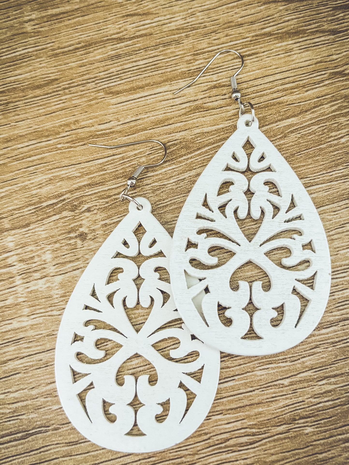 Beautiful White Wood Laser Cut Drop Earrings