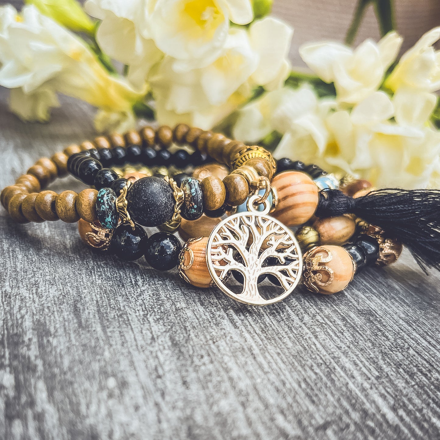 Beautiful Black and Wood Tree of Life Bracelet Set