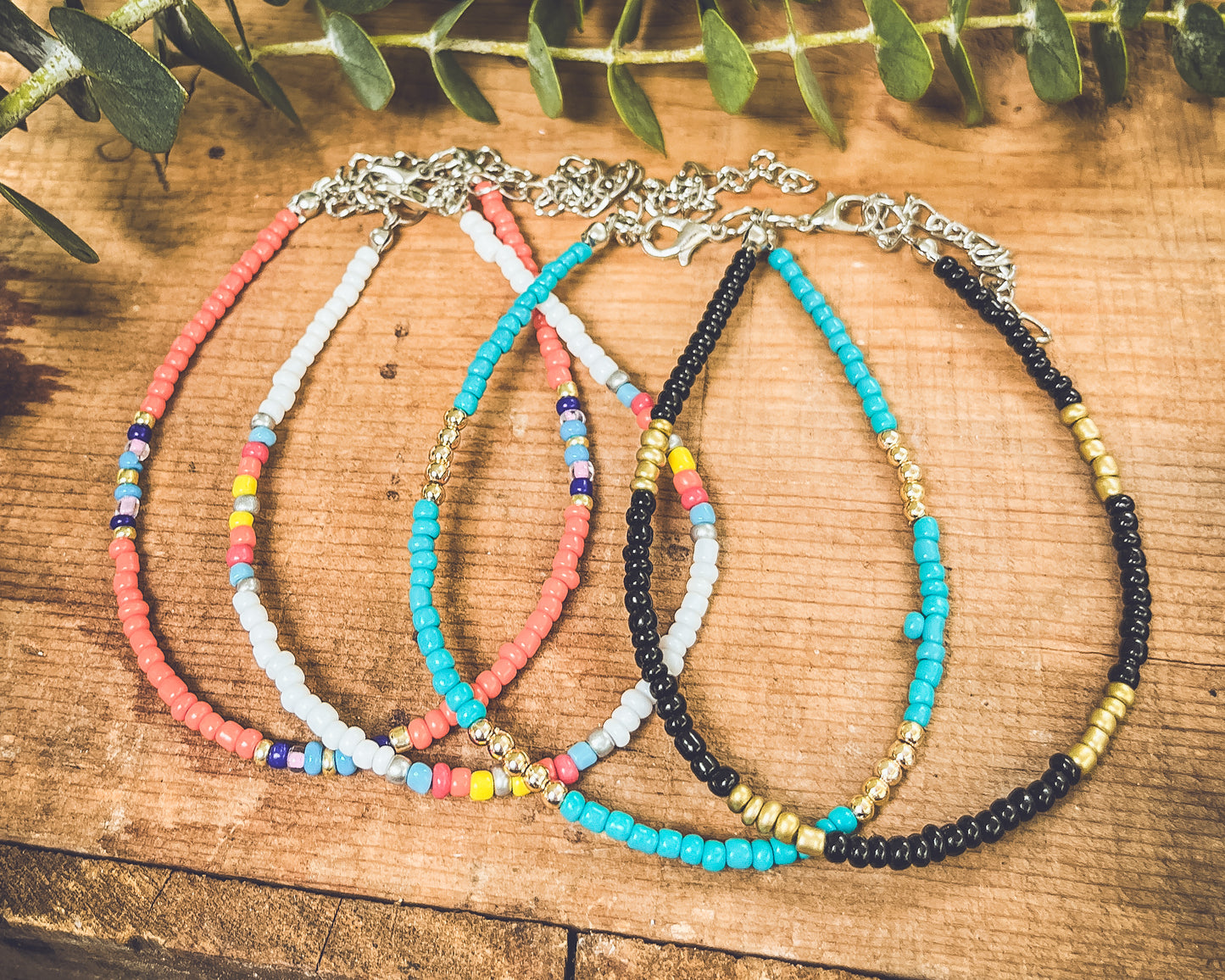 Beautiful Colorful 4 Piece Beaded Anklet Set