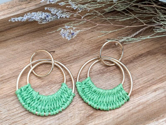 Beautiful Green Raffia Hoop Earrings