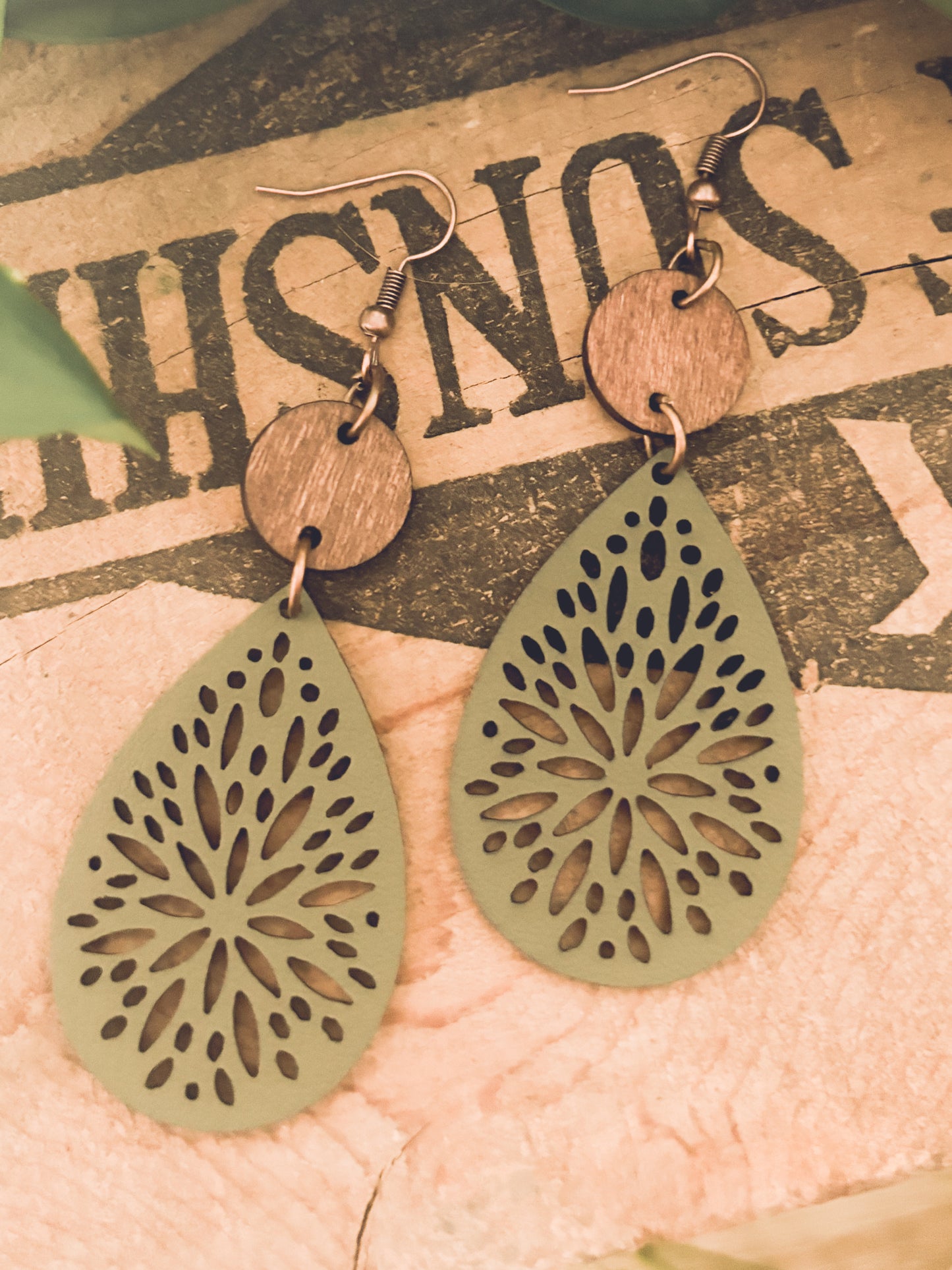 Beautiful Green Leather and Wood Earrings