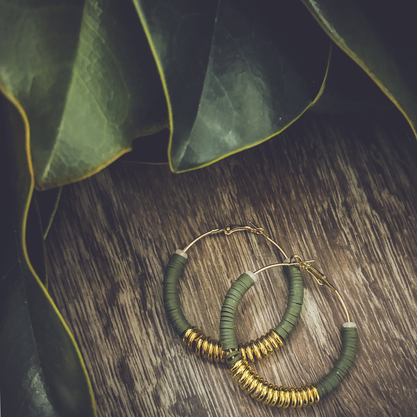 Beautiful Green and Gold Clay Hoops