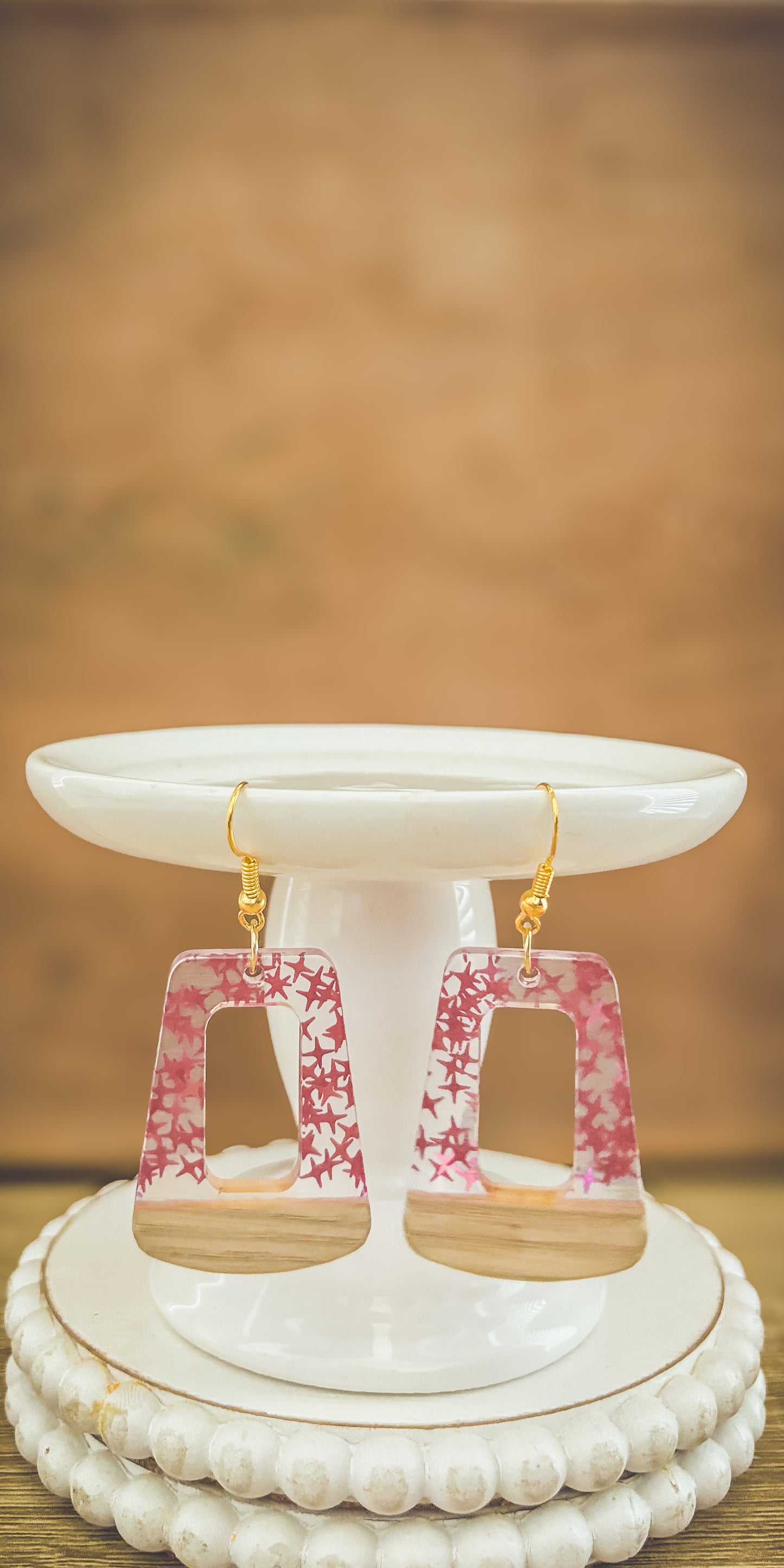 Beautiful Wood and Pink Fleck Resin Earrings