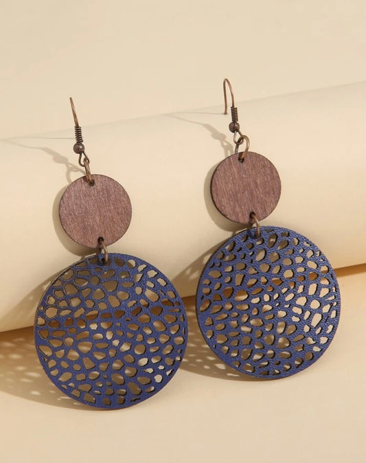 Beautiful Navy Blue Leather and Wood Earrings