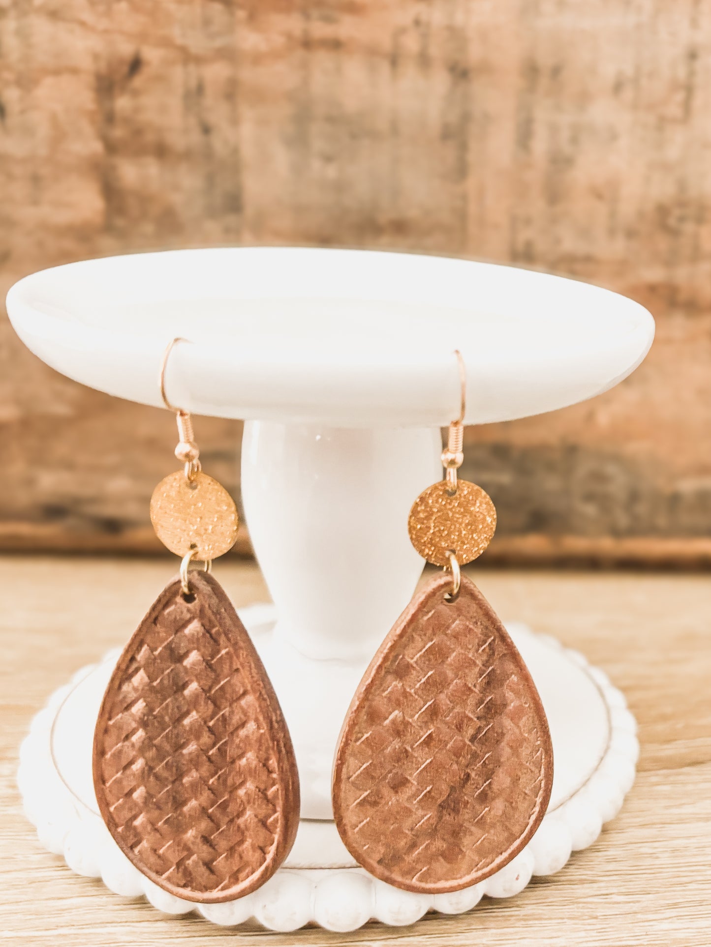 Beautiful Patterned Brown Wood and Gold Drop Earrings