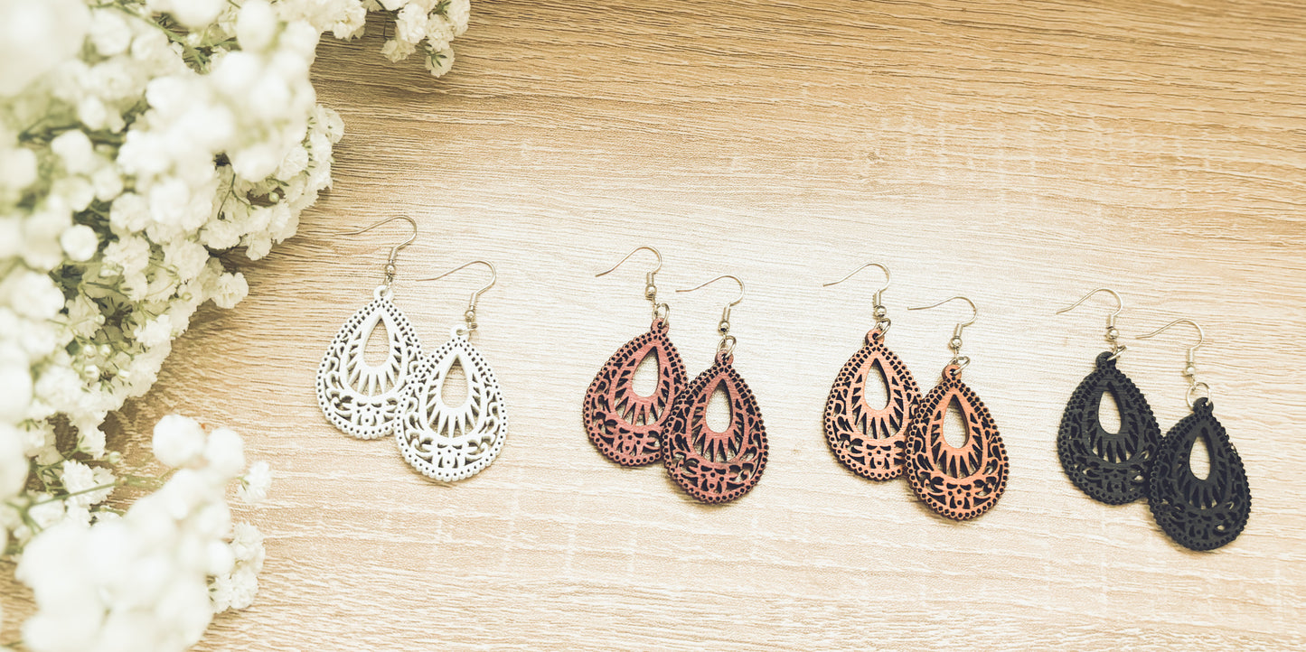 Set of Four Beautiful Carved Wood Earrings