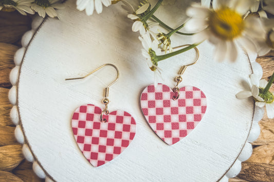 Adorable Red Checkered Heart Earrings