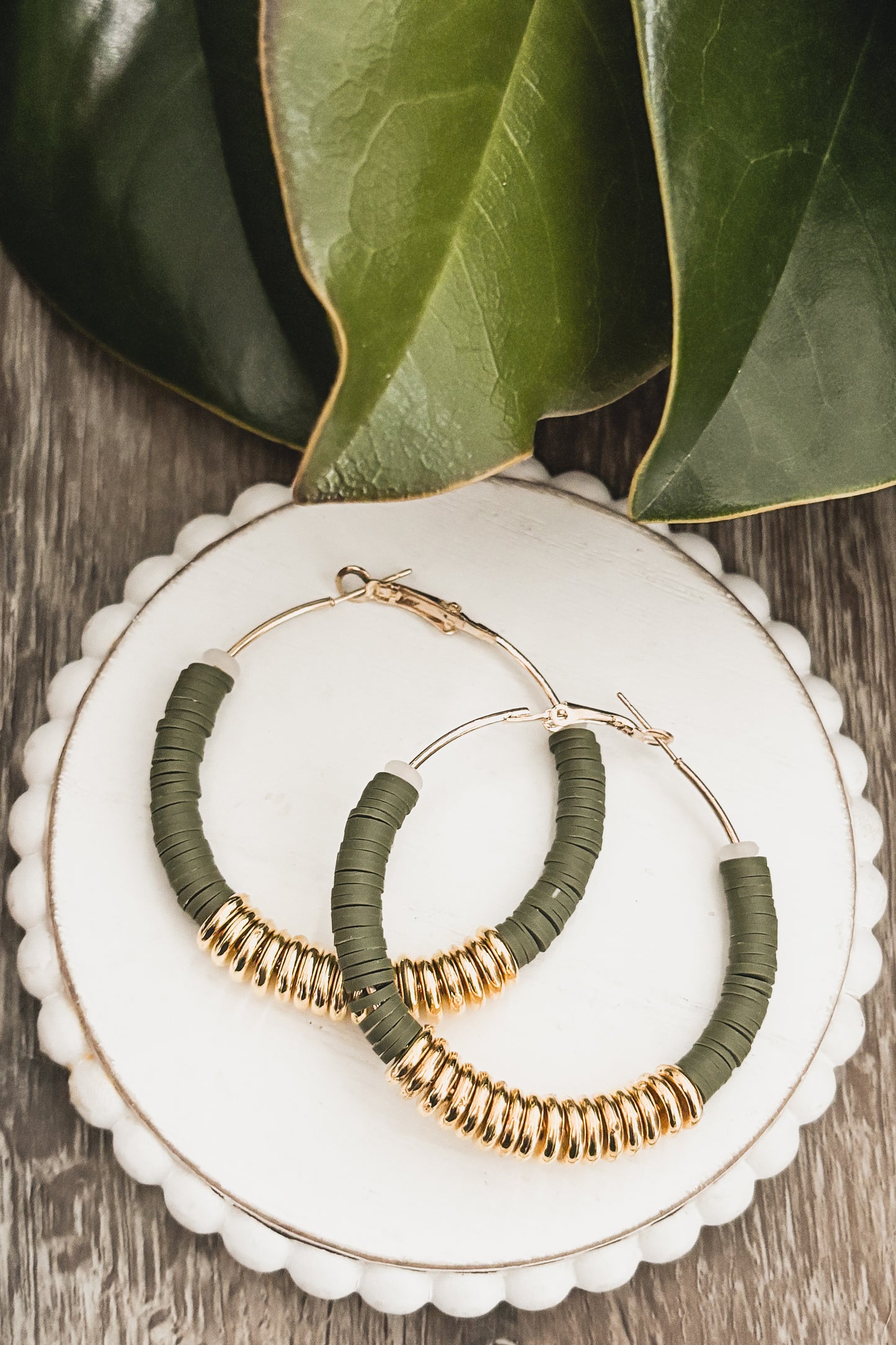 Beautiful Green and Gold Clay Hoops