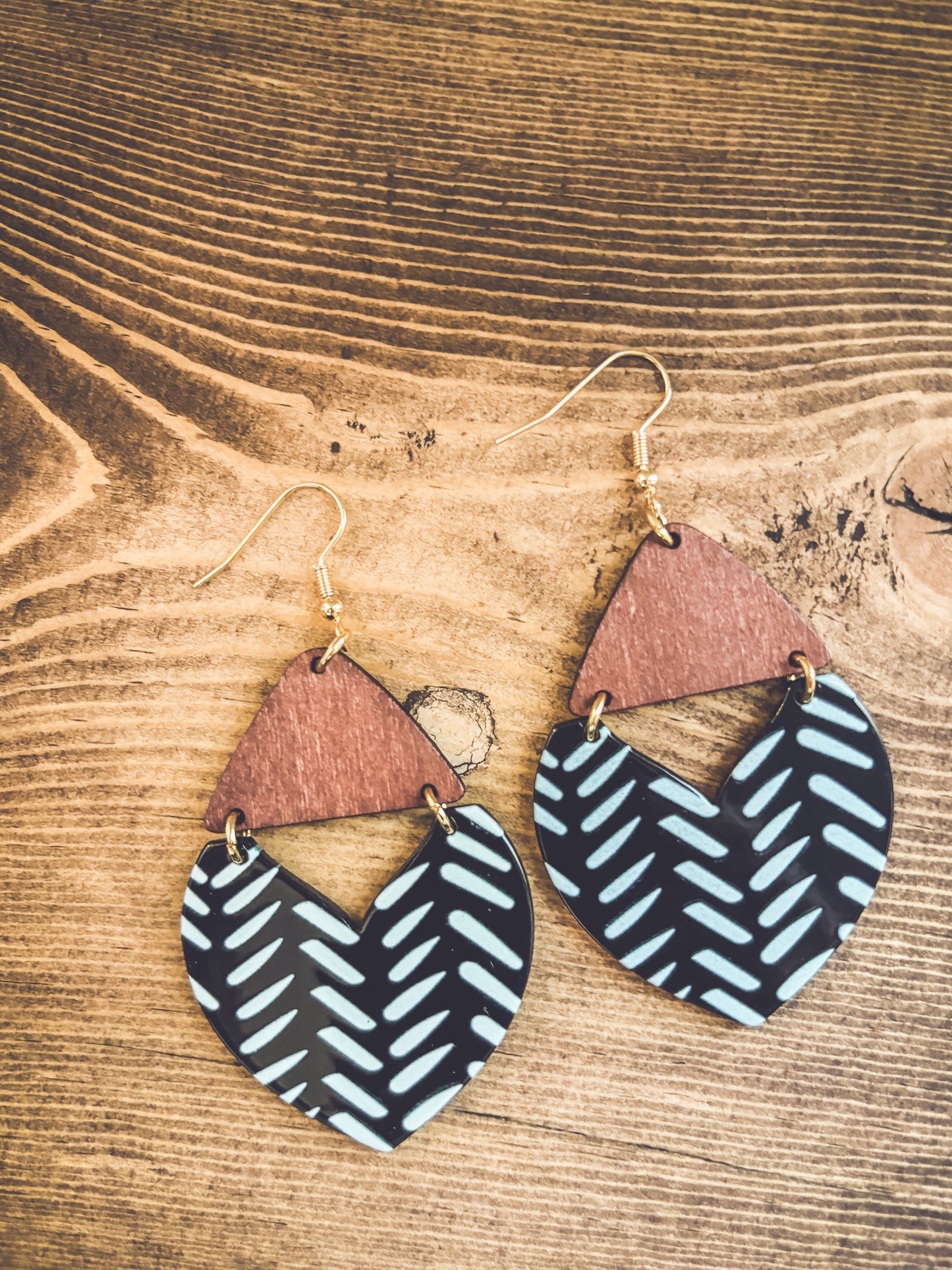 Beautiful Wood and Black and White Geometric Drop Earrings