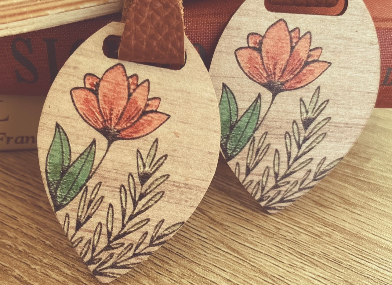 Beautiful Wood and Leather with Painted Peach Flower Drop Earrings