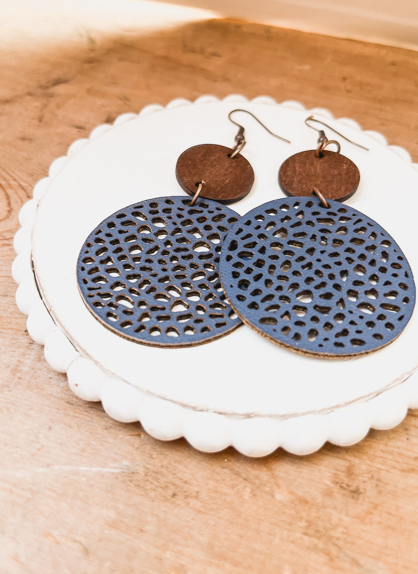 Beautiful Navy Blue Leather and Wood Earrings