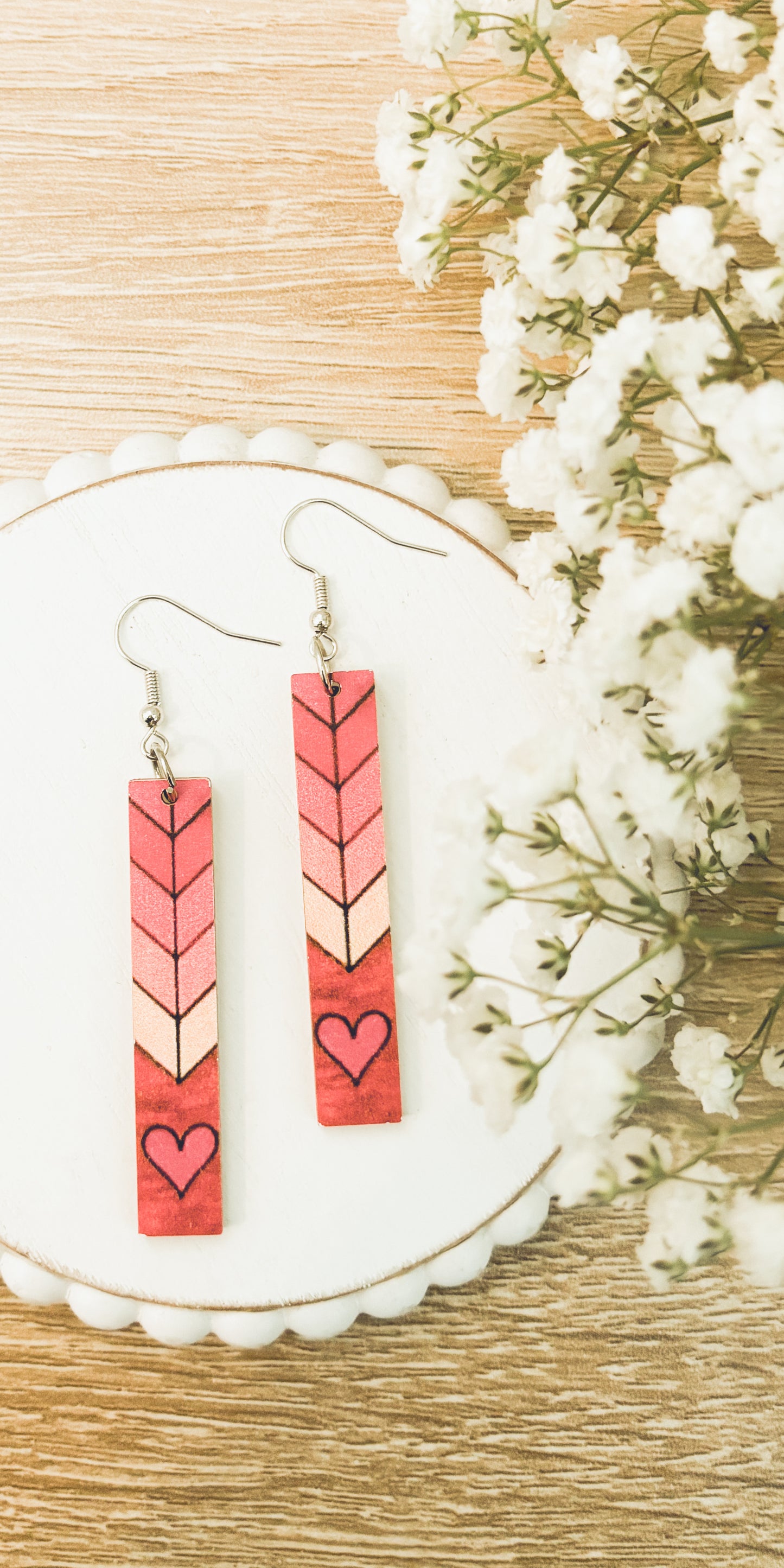 Beautiful Pink Heart Wood Earrings