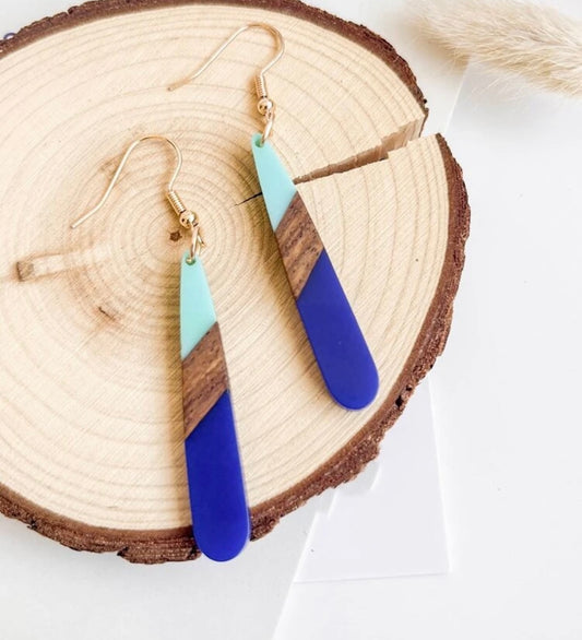Beautiful Blue Resin and Wood Earrings