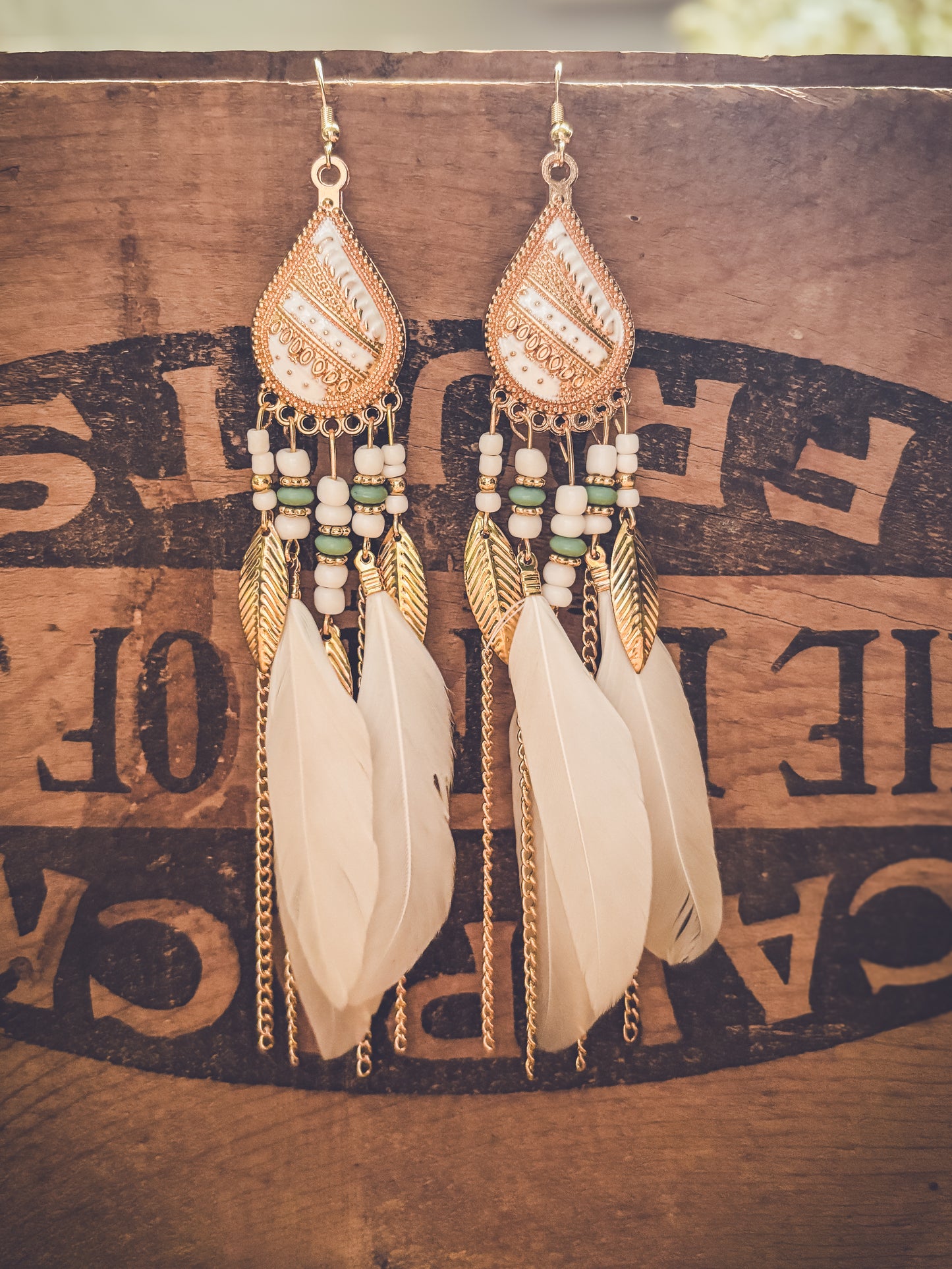 Beautiful White Boho Feather Earrings