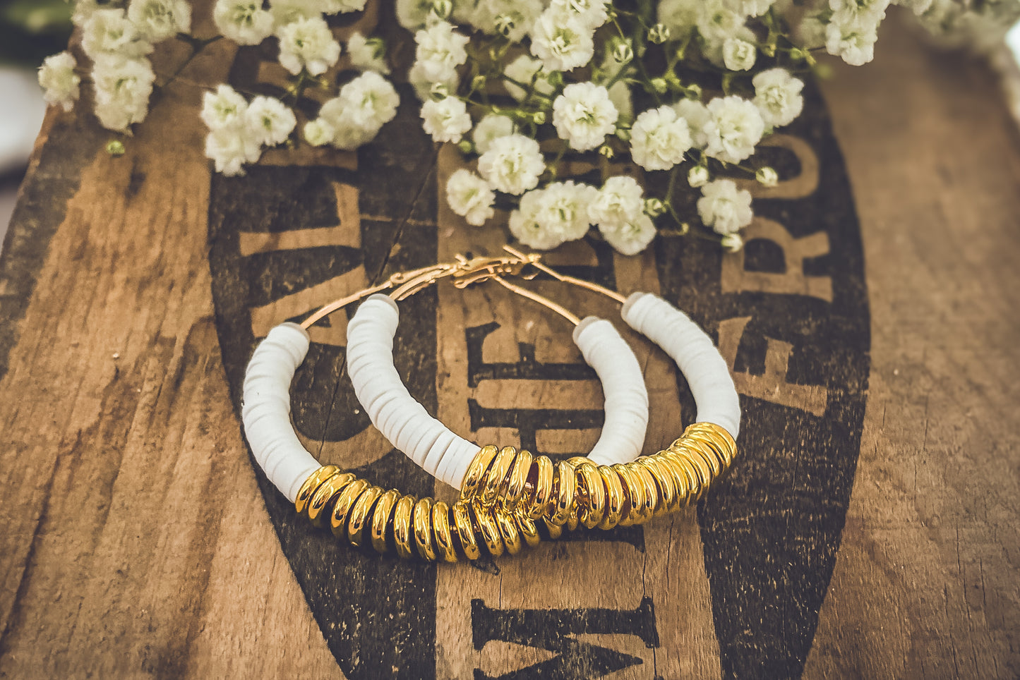 Beautiful White and Gold Clay Hoops