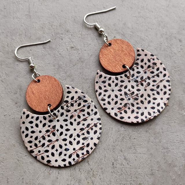 Beautiful Flower Dots Wood and Cork Earrings