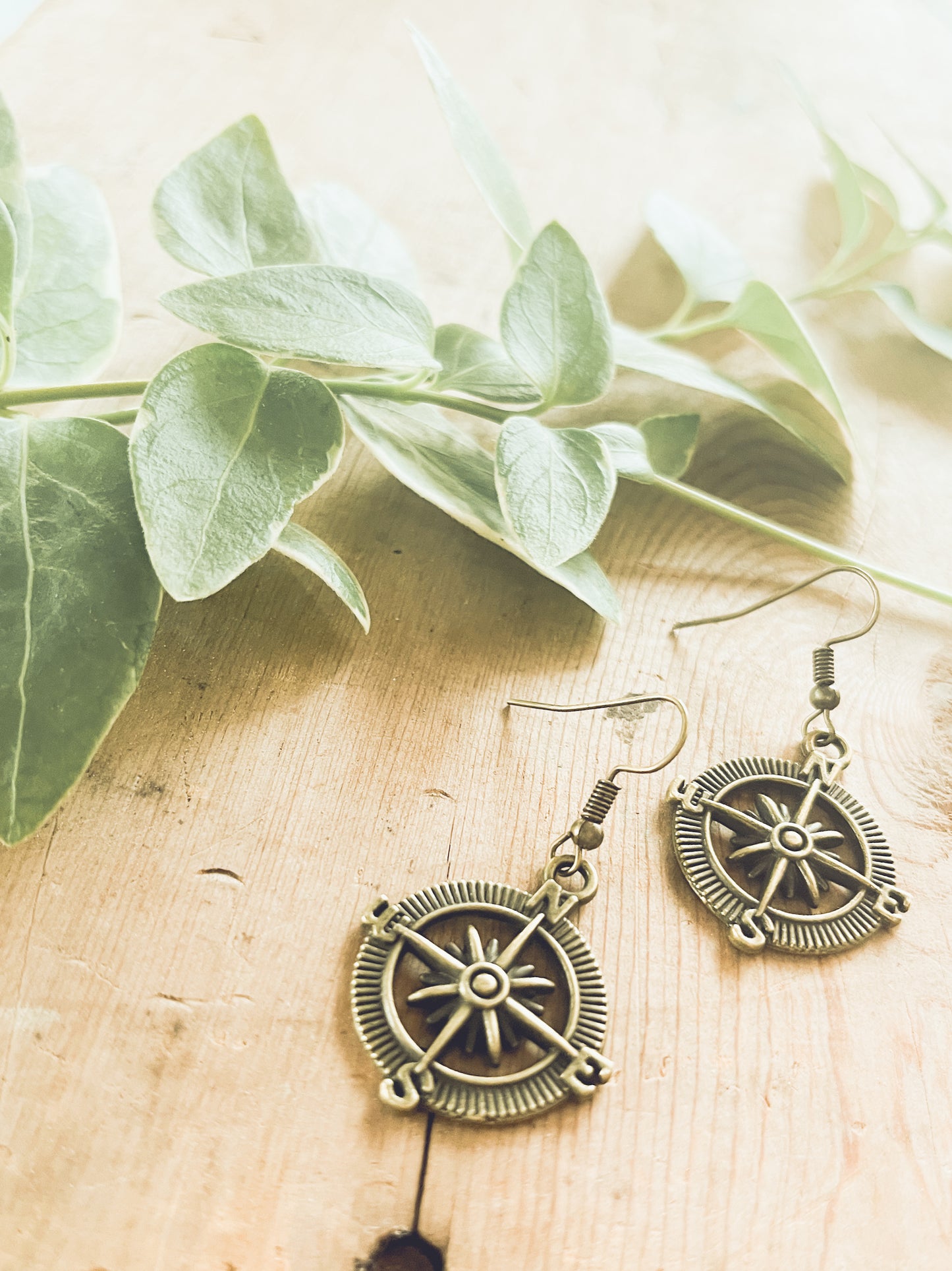 Beautiful Antique Finish Compass Earrings in Gold or Silver