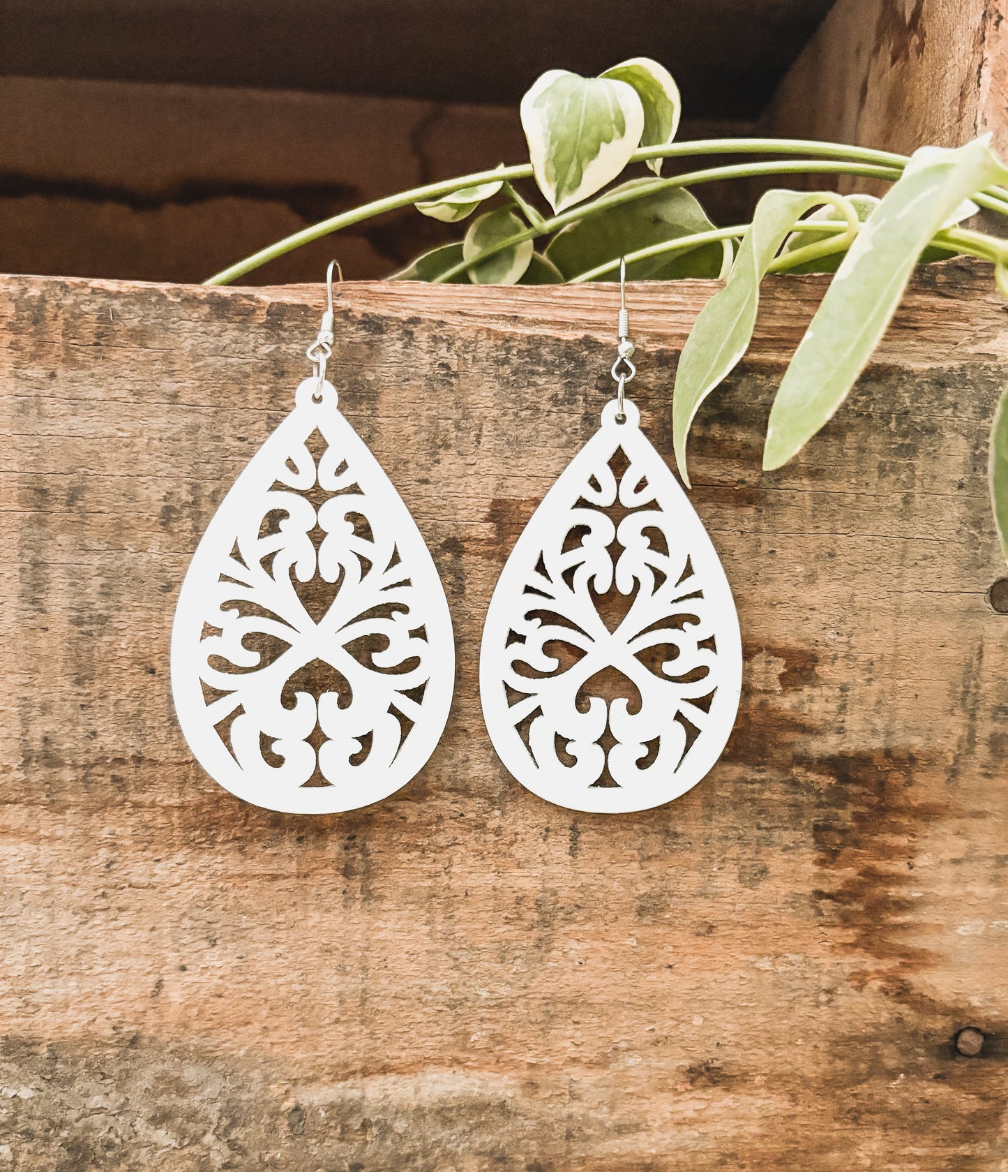 Beautiful White Wood Laser Cut Drop Earrings