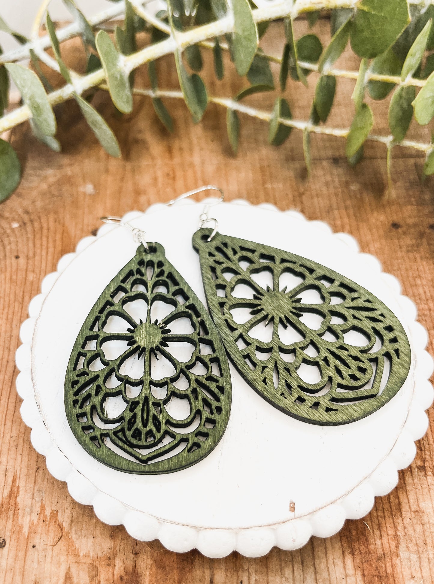 Beautiful Green Laser Cut Wood Floral Earrings