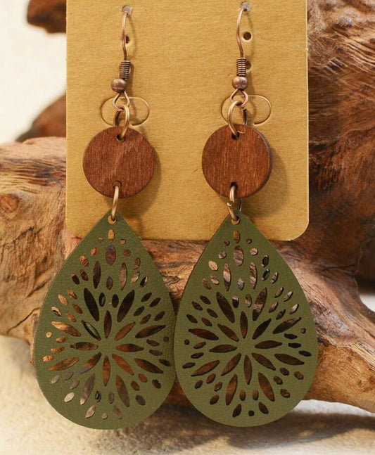 Beautiful Green Leather and Wood Earrings