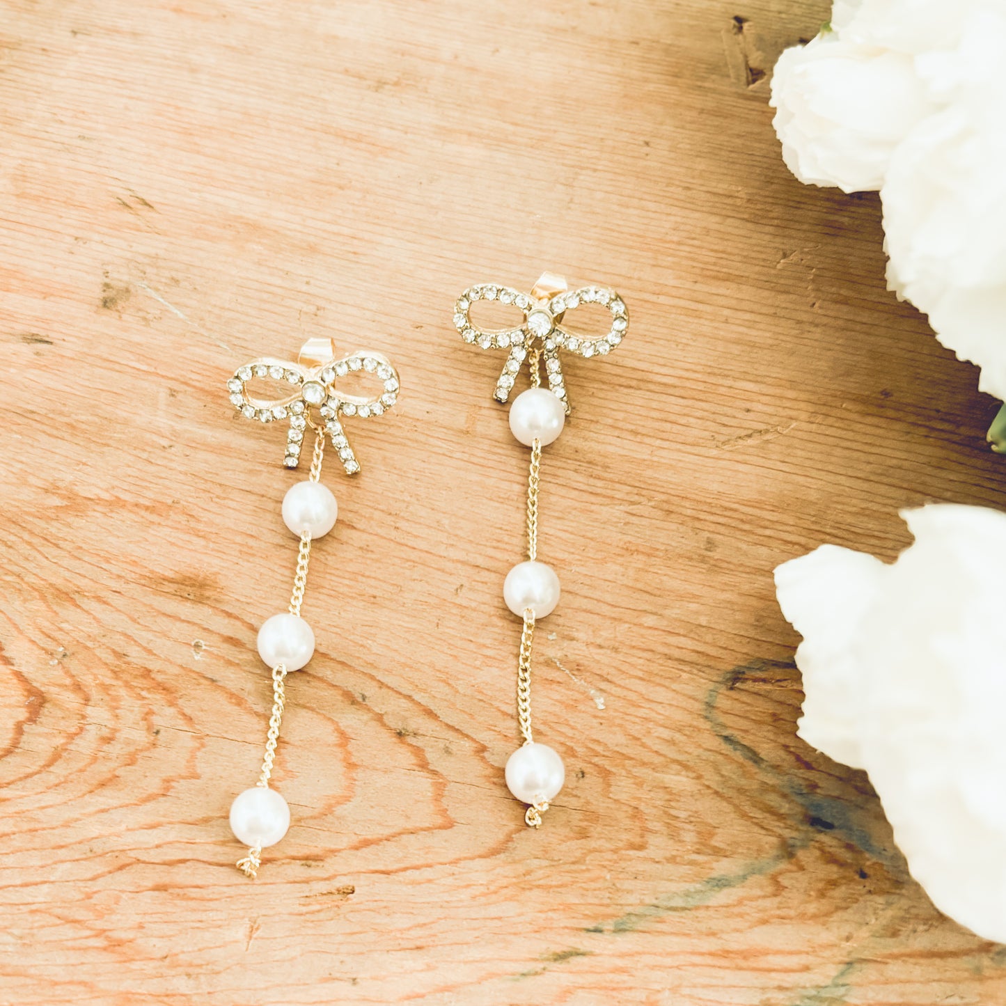 Beautiful Crystal Bow and Pearl Drop Earrings