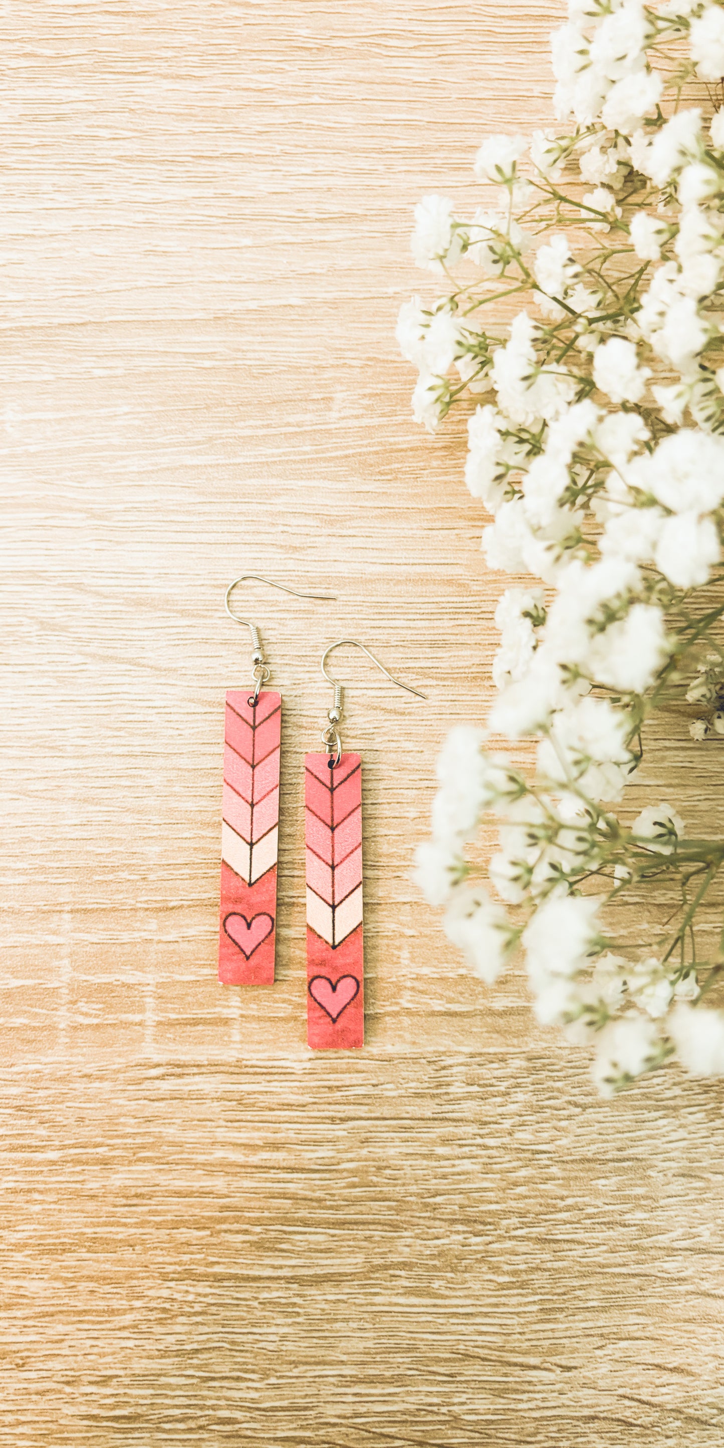 Beautiful Pink Heart Wood Earrings