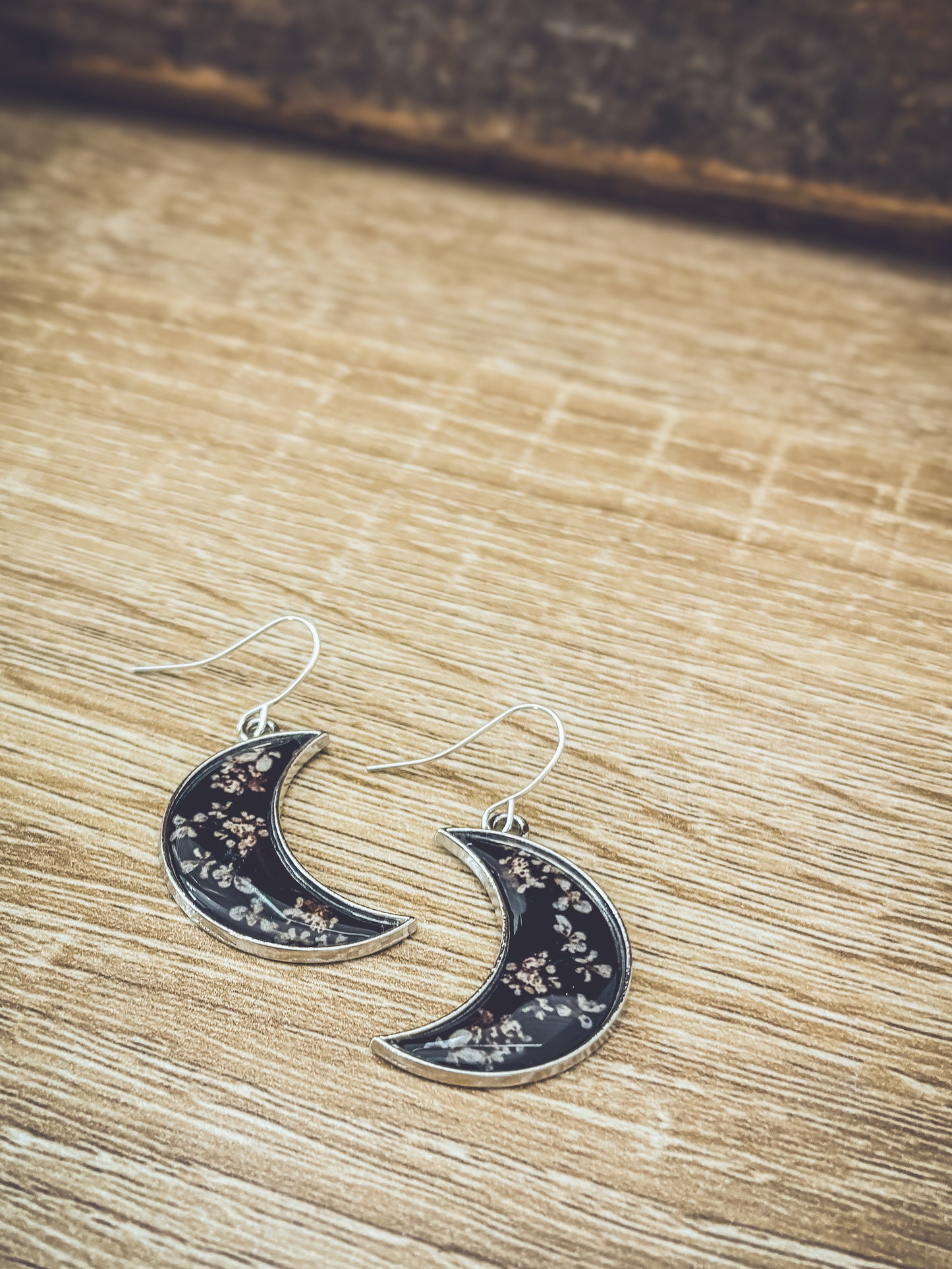 Midnight Moon Crescent Earrings with Pressed Flowers