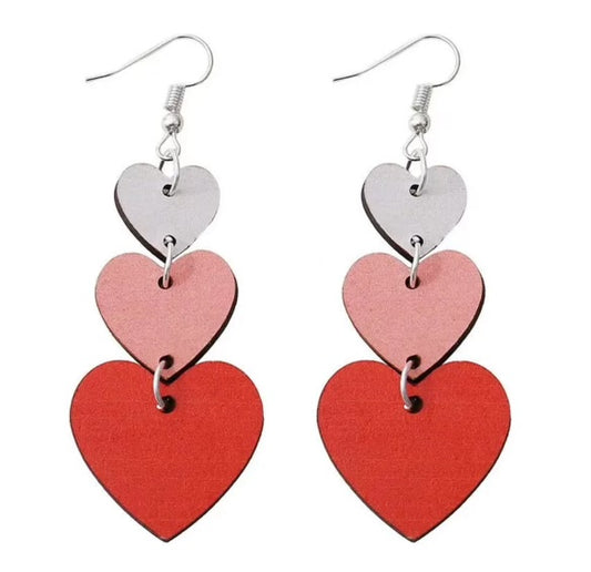 Beautiful Red, White, and Pink Wooden Heart Drop Earrings