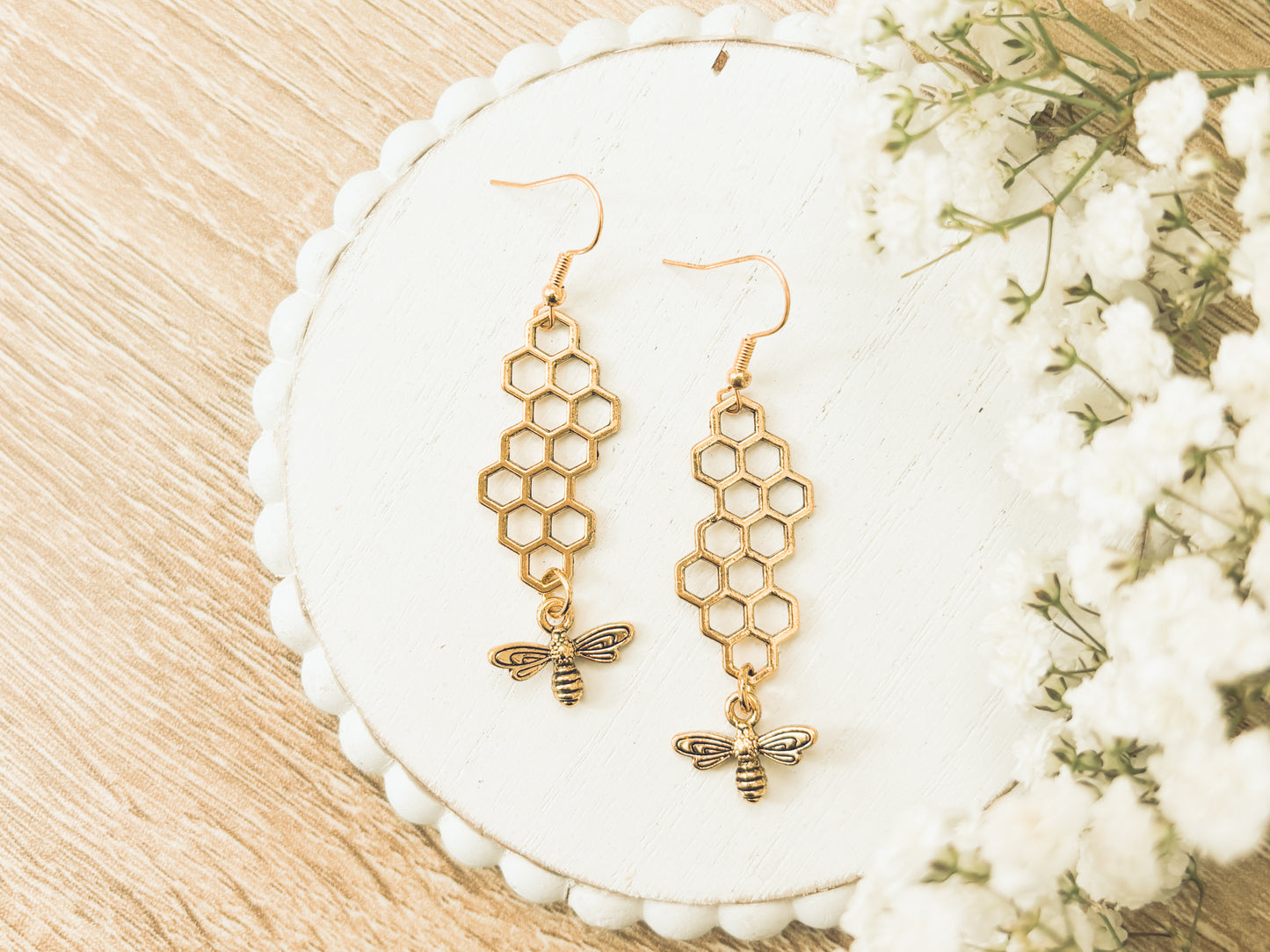 Gold or Silver Honeybee Honeycomb Earrings