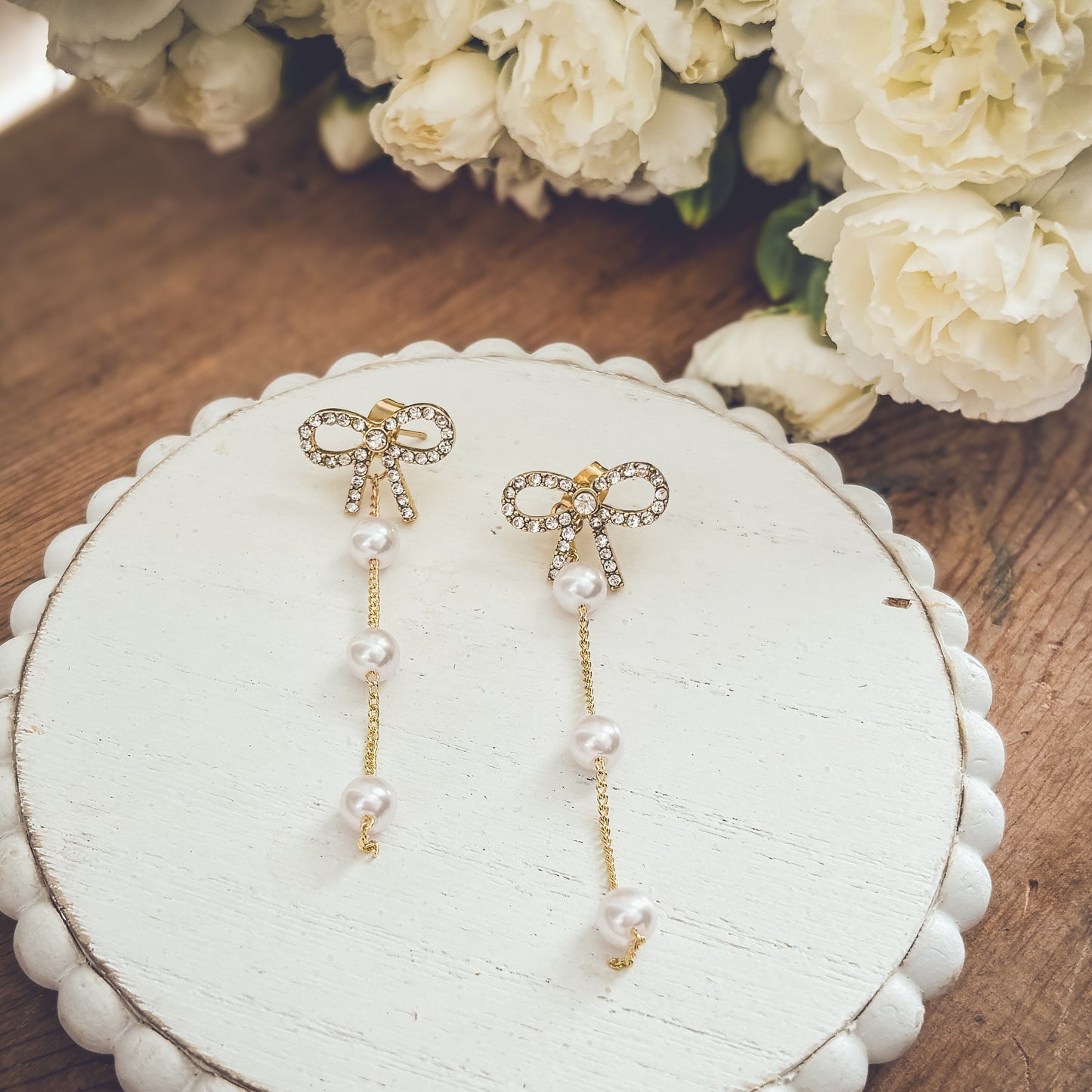 Beautiful Crystal Bow and Pearl Drop Earrings