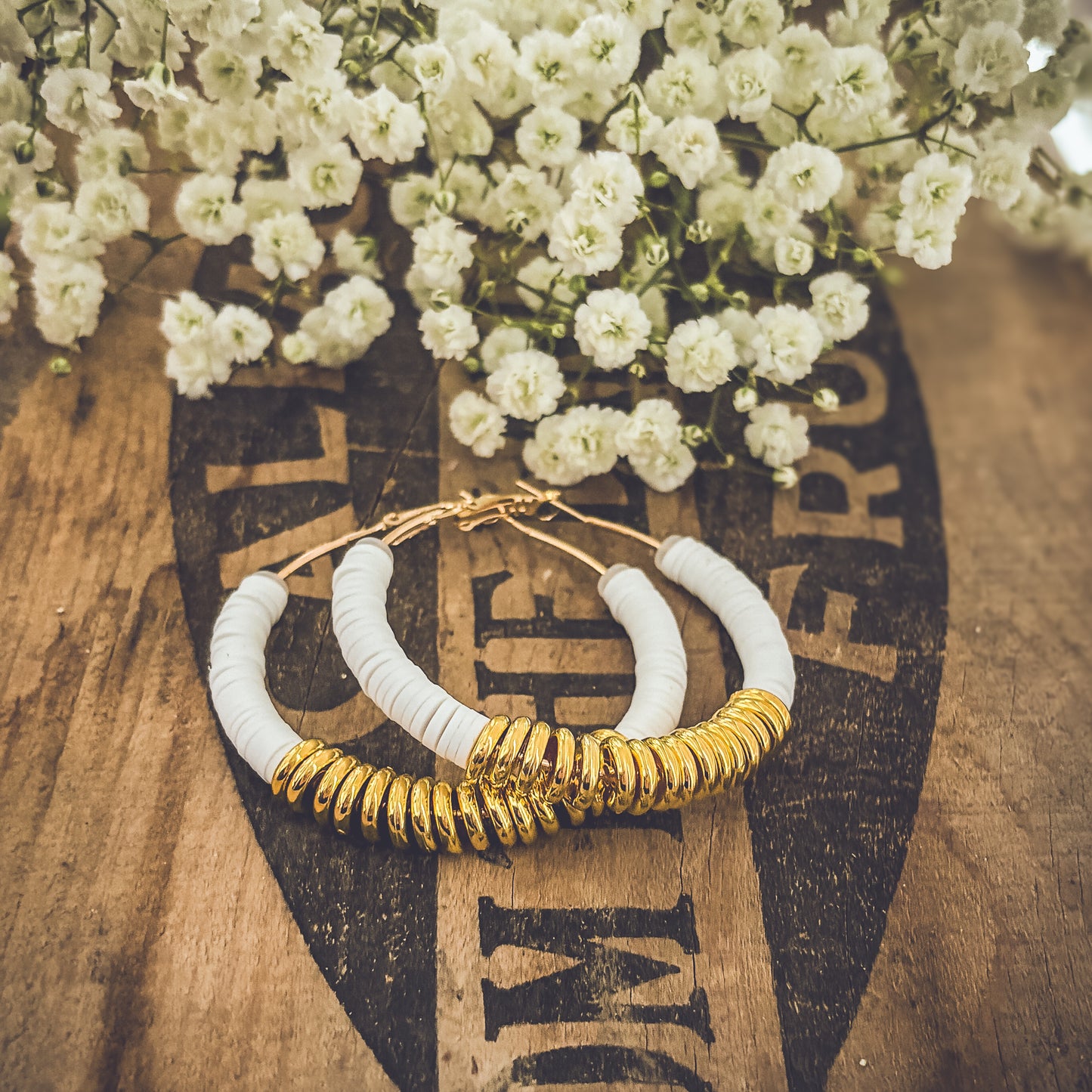 Beautiful White and Gold Clay Hoops