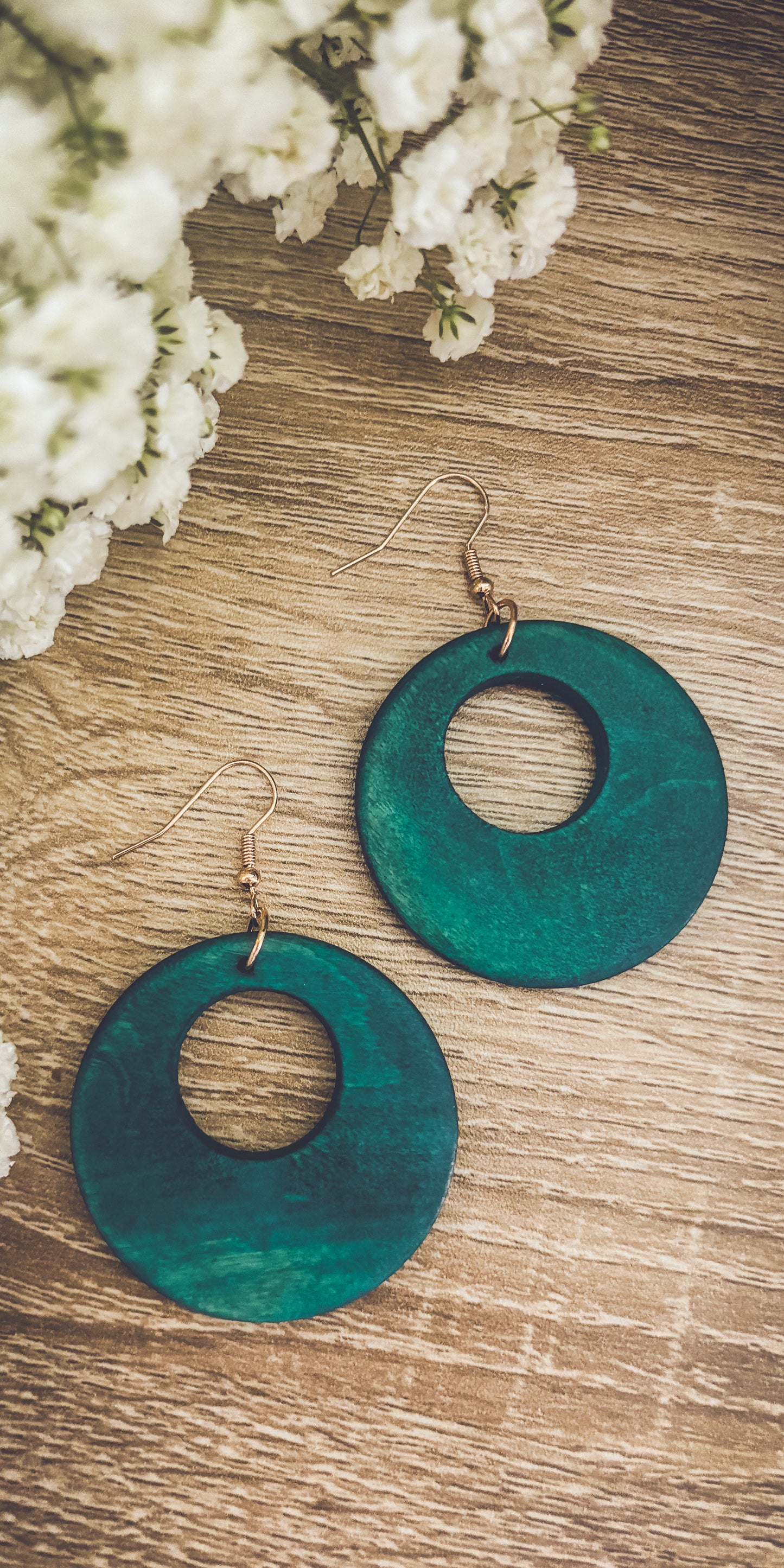 Beautiful Turquoise Wood Circle Earrings