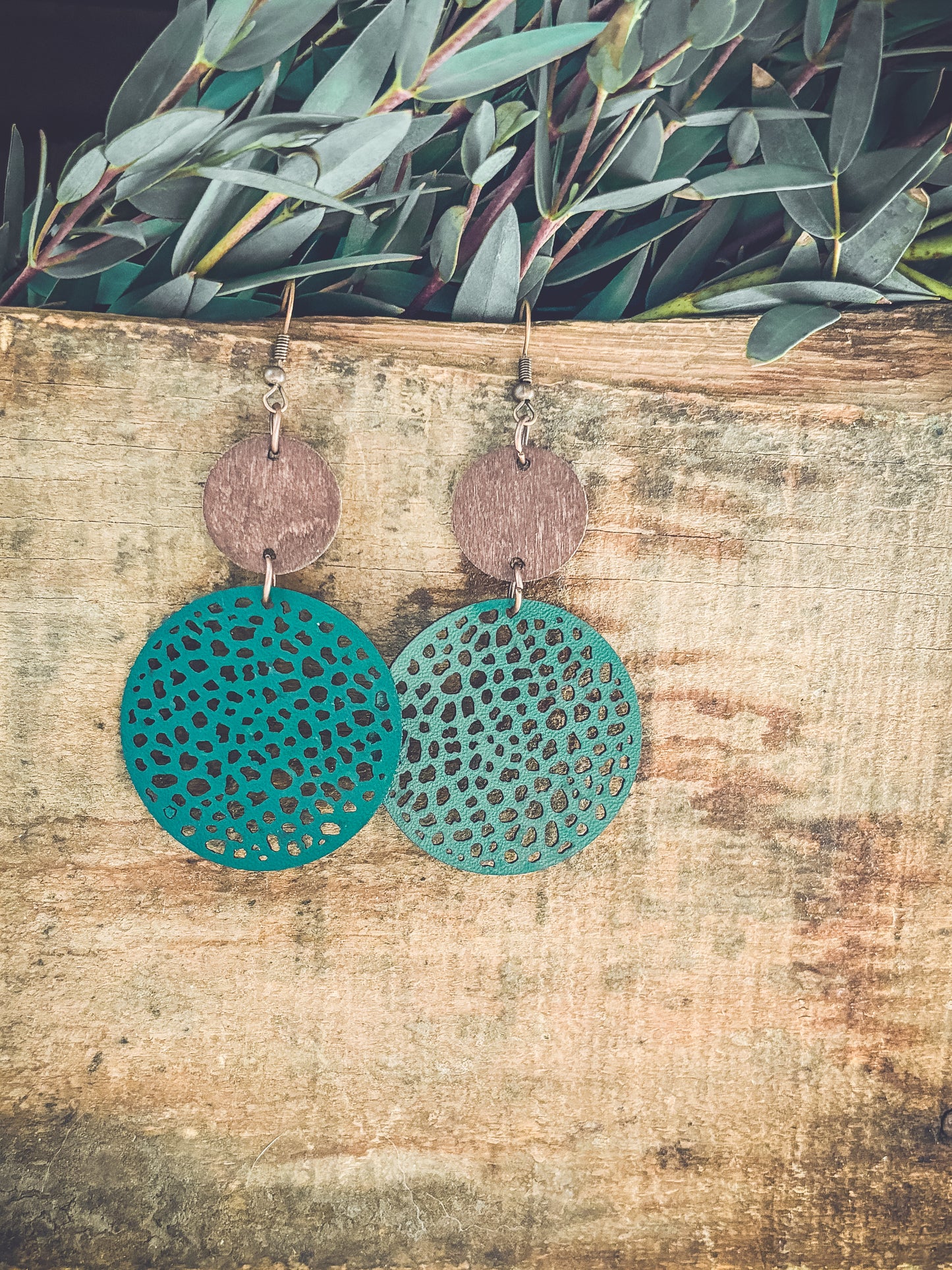 Beautiful Green Leather and Wood Earrings