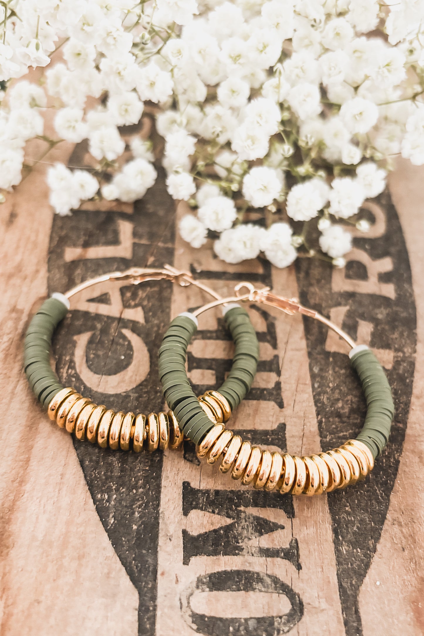 Beautiful Green and Gold Clay Hoops