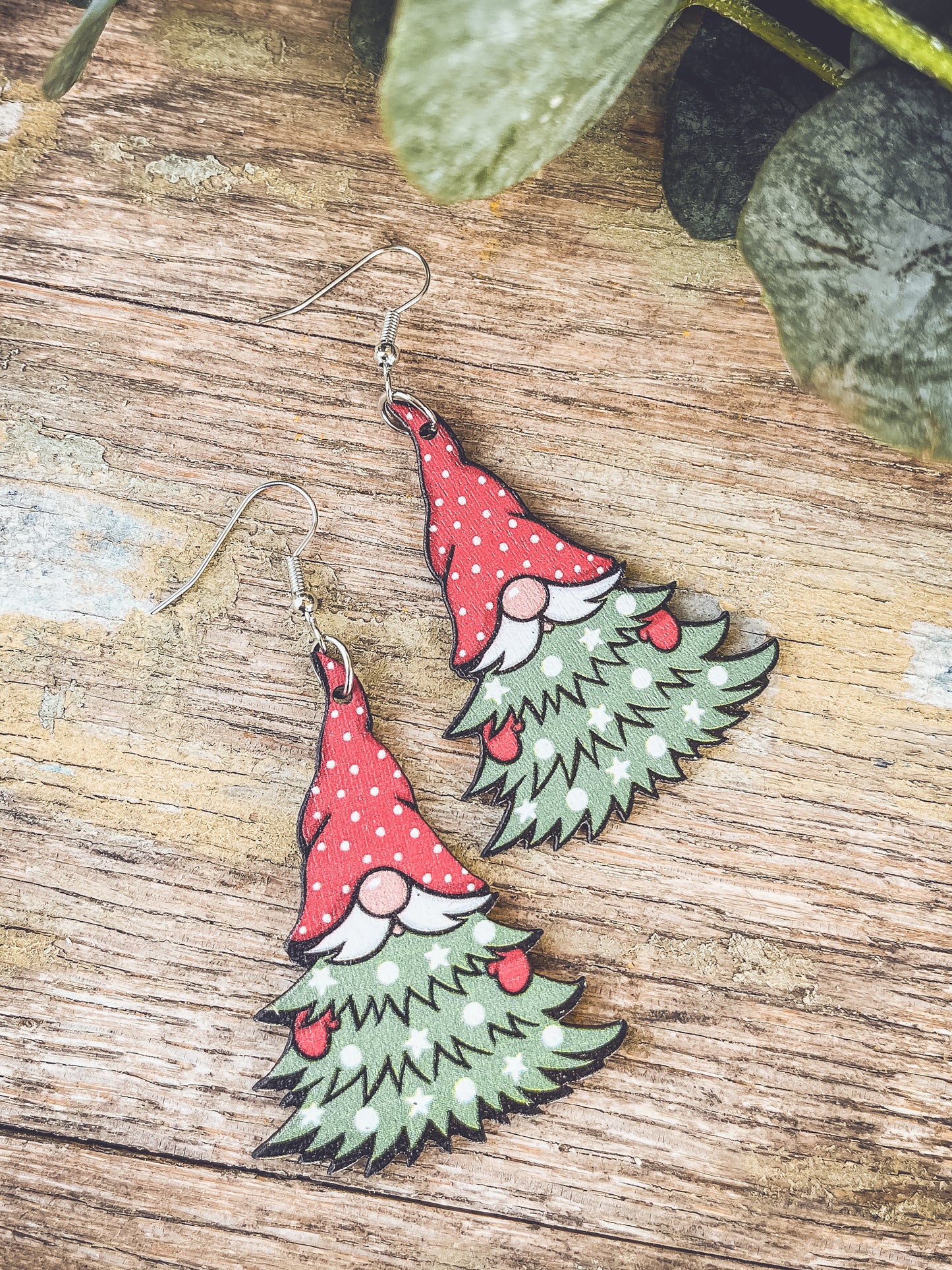 Adorable Gnome Christmas Tree Wooden Drop Earrings