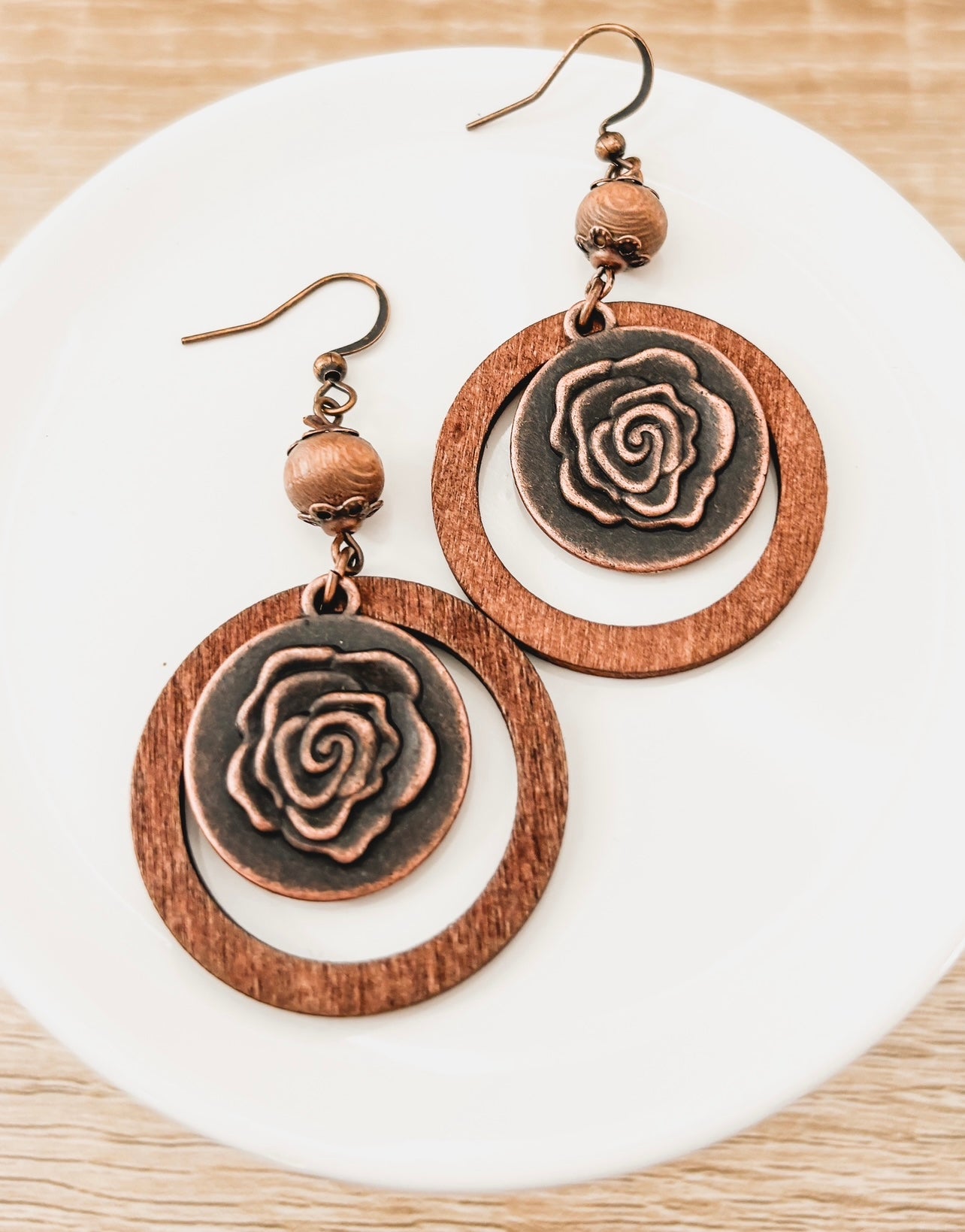 Beautiful Rustic Wood Rose Earrings