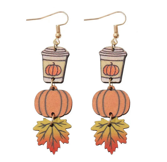 Adorable Fall Pumpkin Spice Coffee Wood Earrings