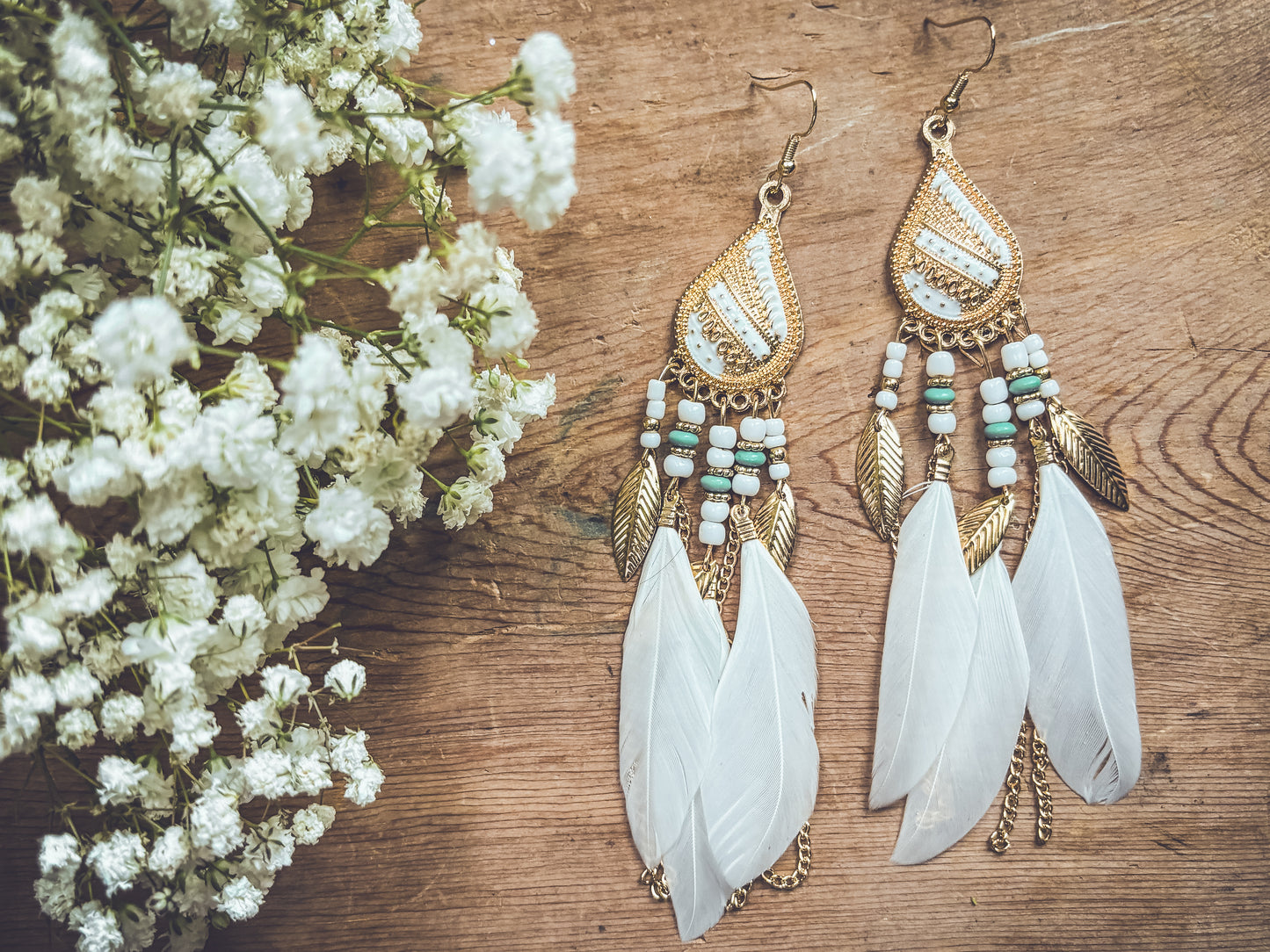 Beautiful White Boho Feather Earrings