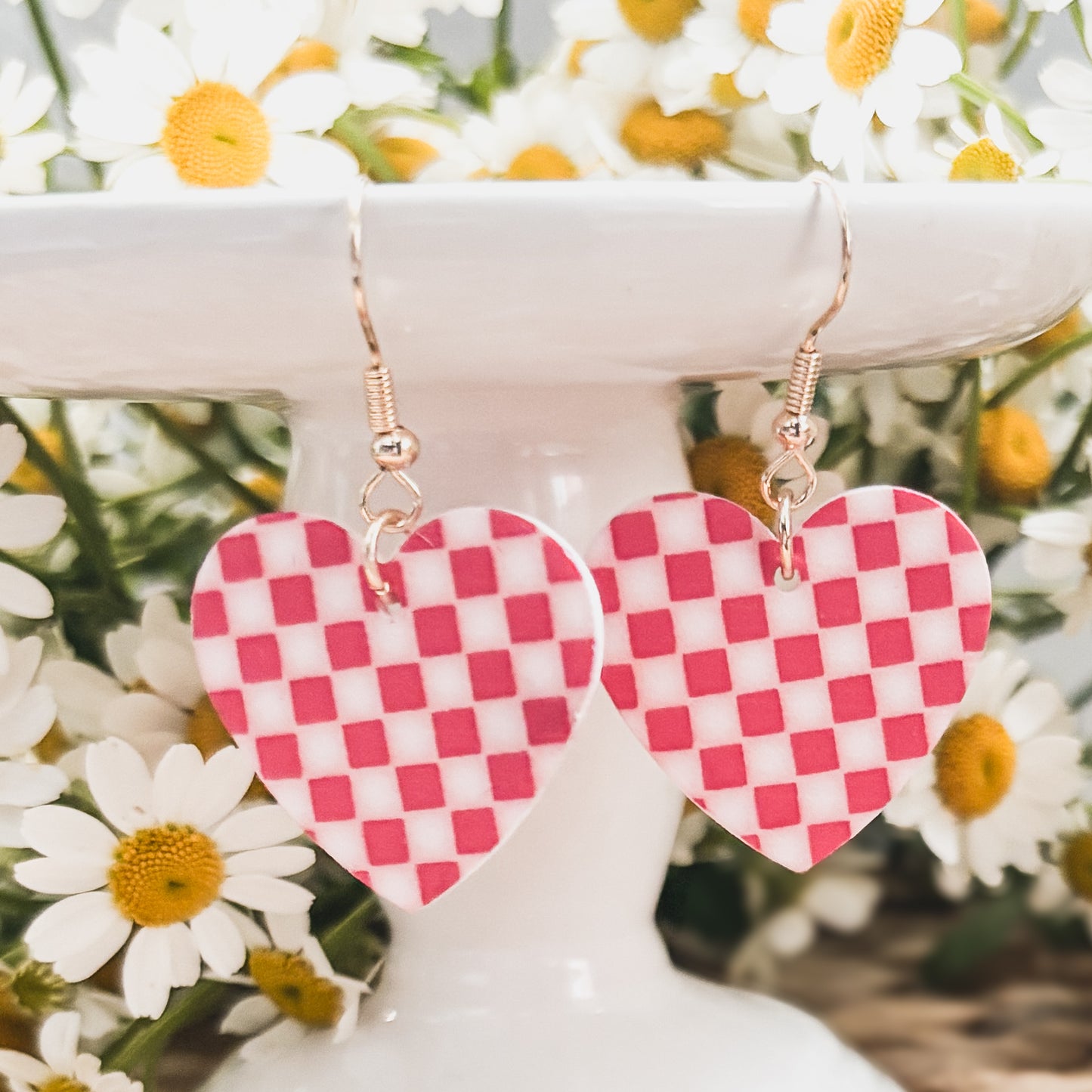 Adorable Red Checkered Heart Earrings