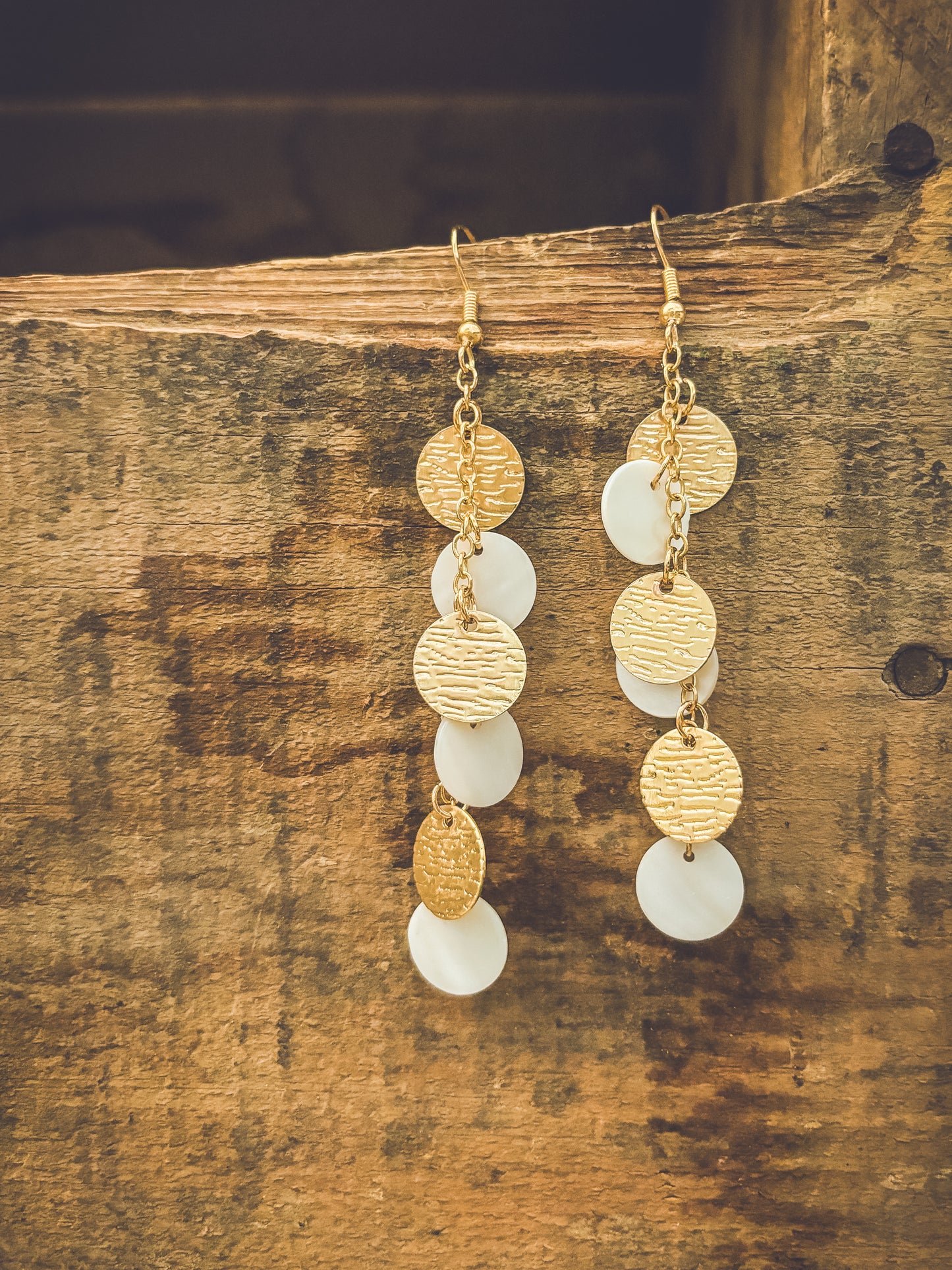 Beautiful Gold and White Disc Drop Earrings