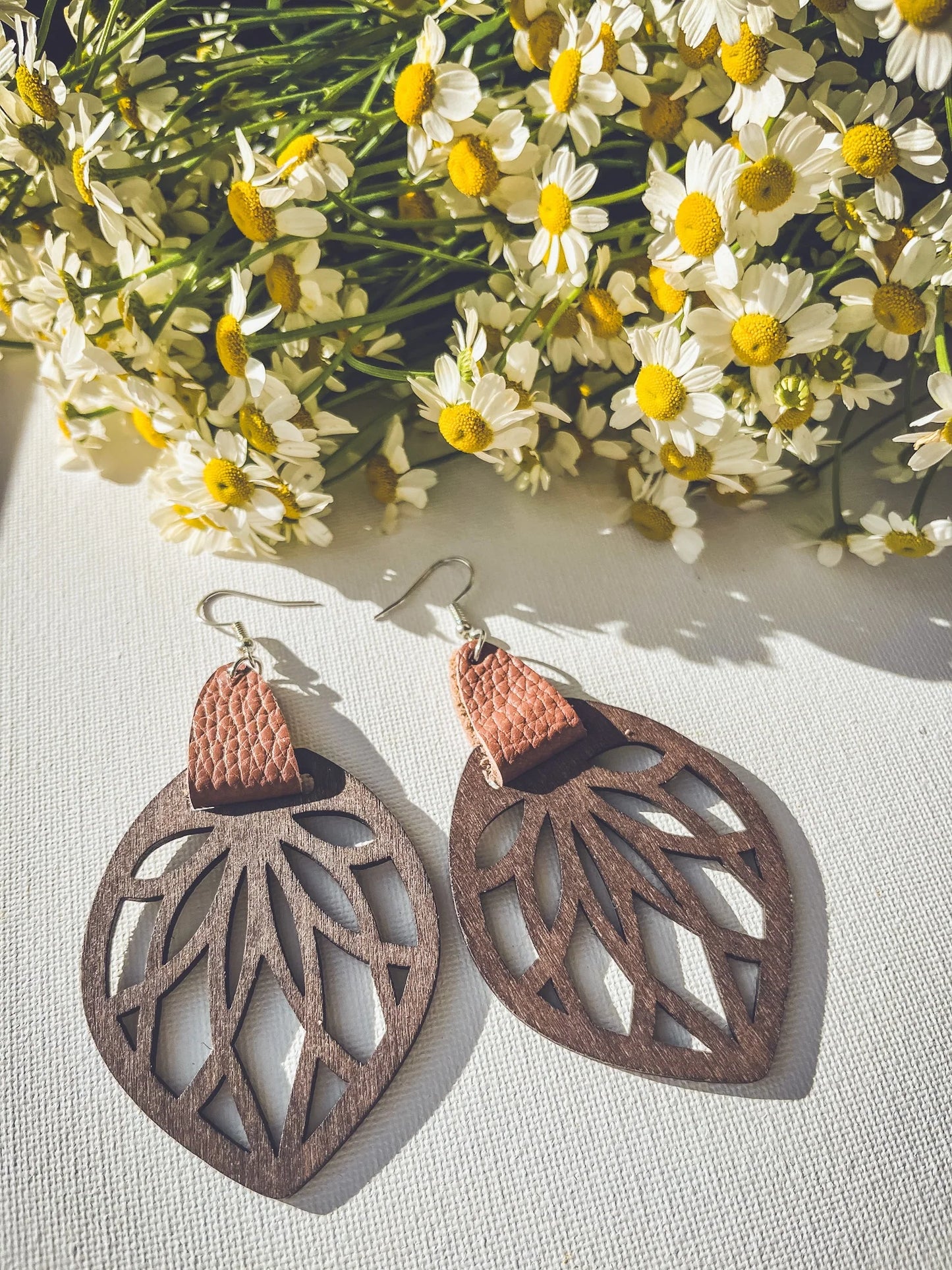 Genuine Leather Wrap Cutout Wood Leaf Drop Earrings