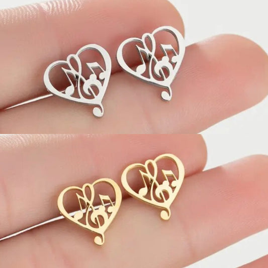 Beautiful Gold or Silver Heart Music Note Studs